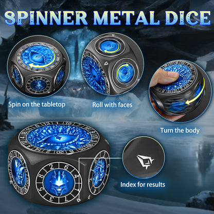 Metal Spinner Dice with Range D4-D20 (Black Dice- Blue)