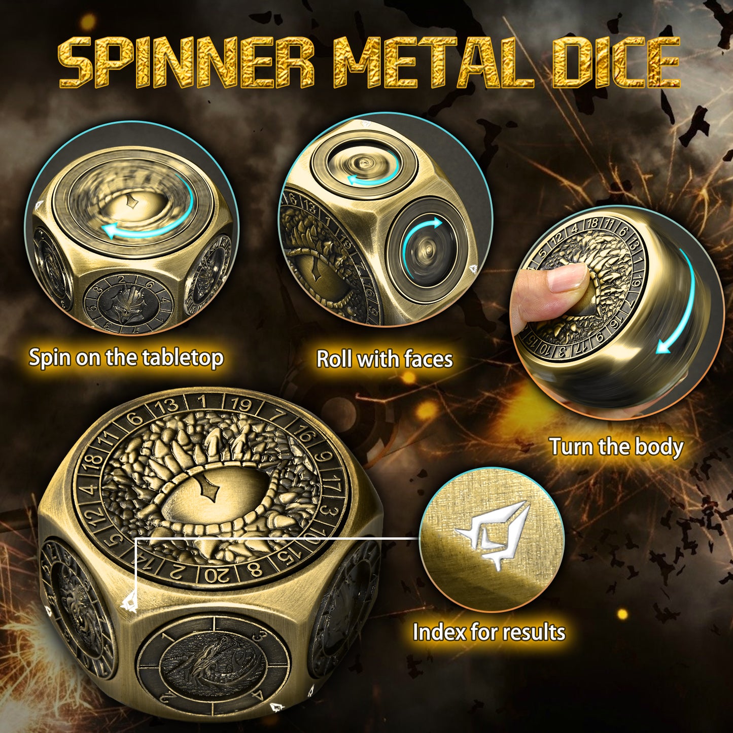 Metal Spinner Dice with Monster Engravings-Bronze