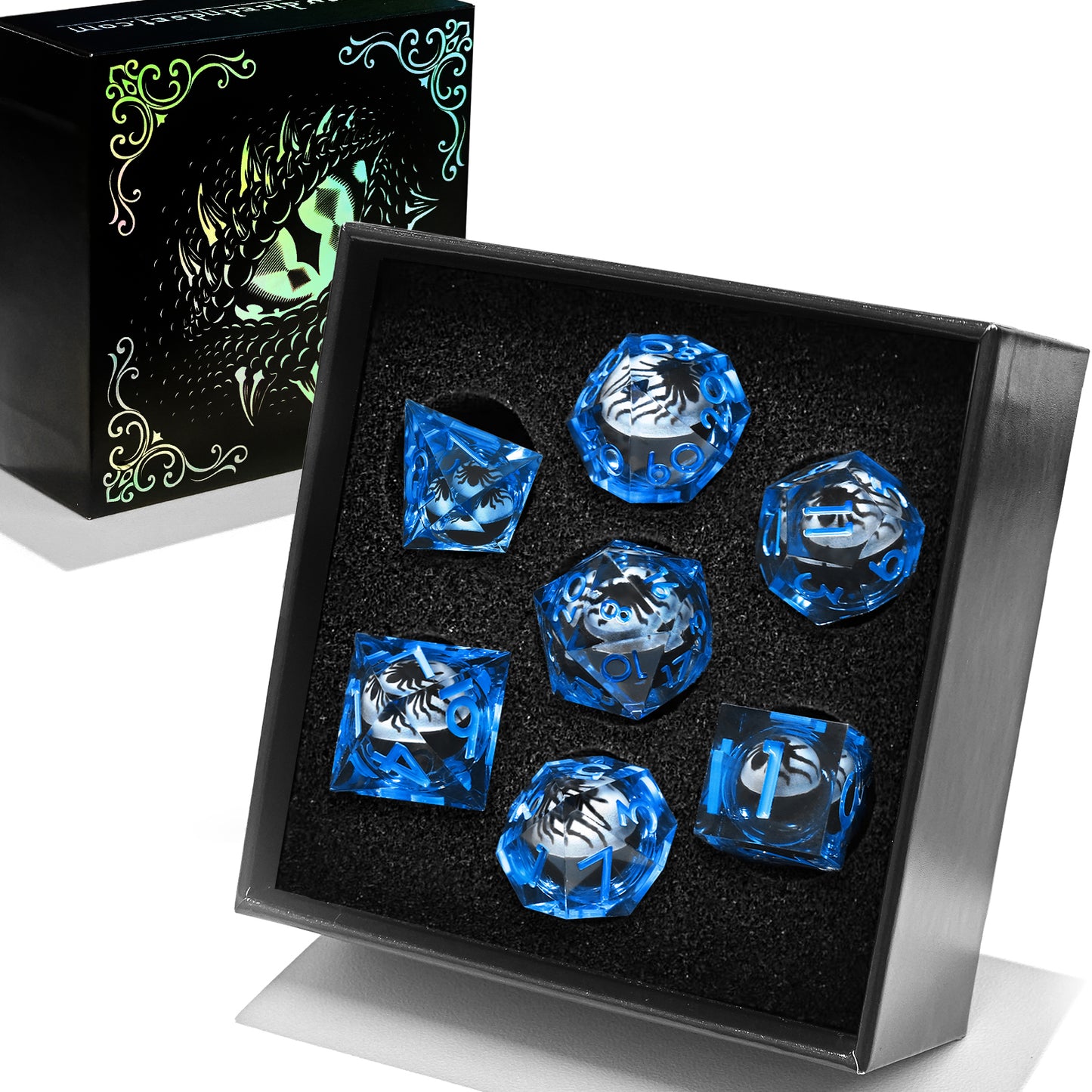 Spider Liquid Core DND Dice Set, 7PCS Sharp Edge Resin Dice - Blue