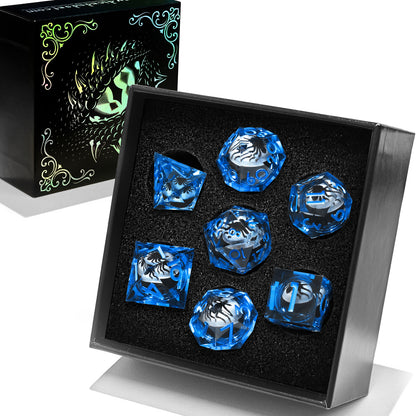 Spider Liquid Core DND Dice Set, 7PCS Sharp Edge Resin Dice - Blue