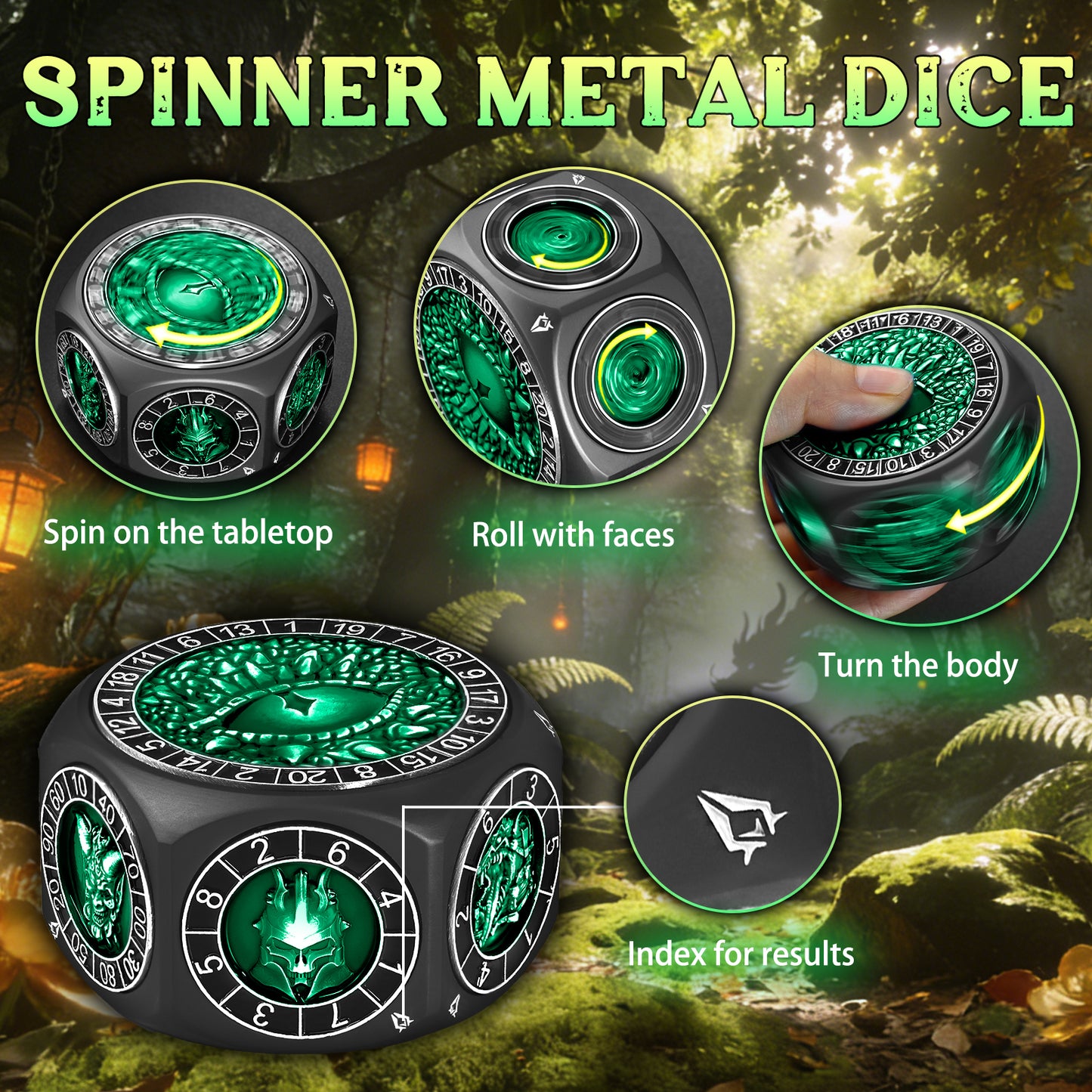 DND Metal Spinner Dice with 3D Monster Engravings & Smooth Spinning(Black Dice- Green)