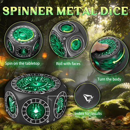 DND Metal Spinner Dice with 3D Monster Engravings & Smooth Spinning(Black Dice- Green)