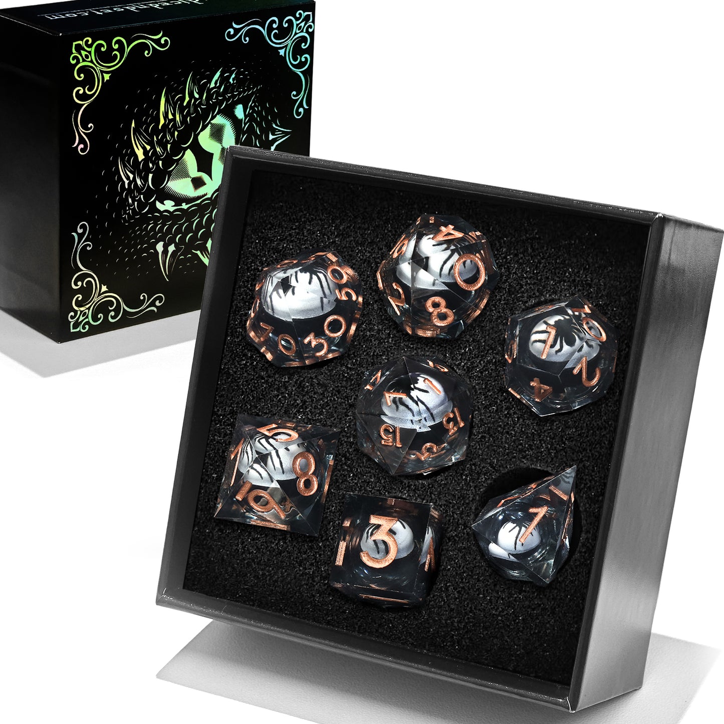 Spider Liquid Core DND Dice Set, 7PCS Sharp Edge Resin Dice -Copper