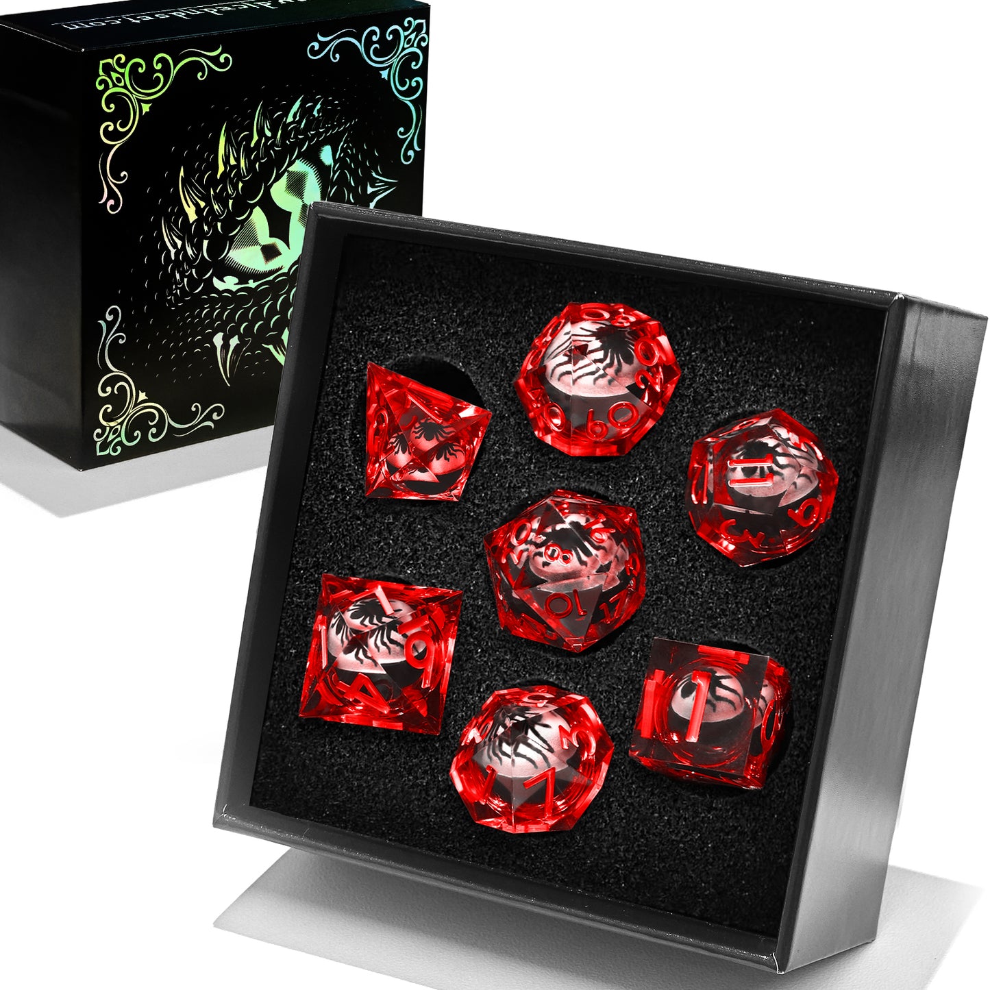 Spider Liquid Core DND Dice Set, 7PCS Sharp Edge Resin Dice -Red