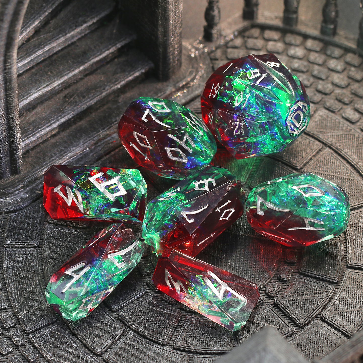 Unique DND Polyhedral Resin Dice Set Stonehenge Theme RPG Dice - Green and Silver