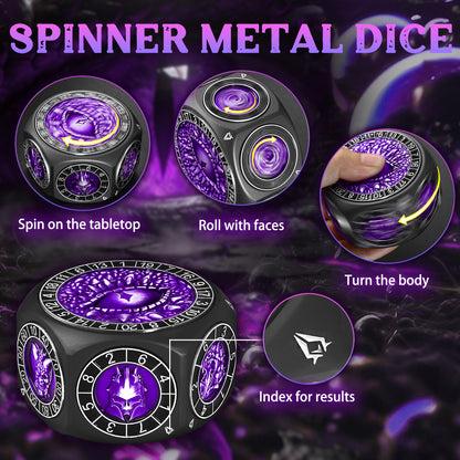 8 in 1 Metal Spinner Dice with Smooth Spinning – Perfect Gift for TTRPG(Black Dice - Purple)