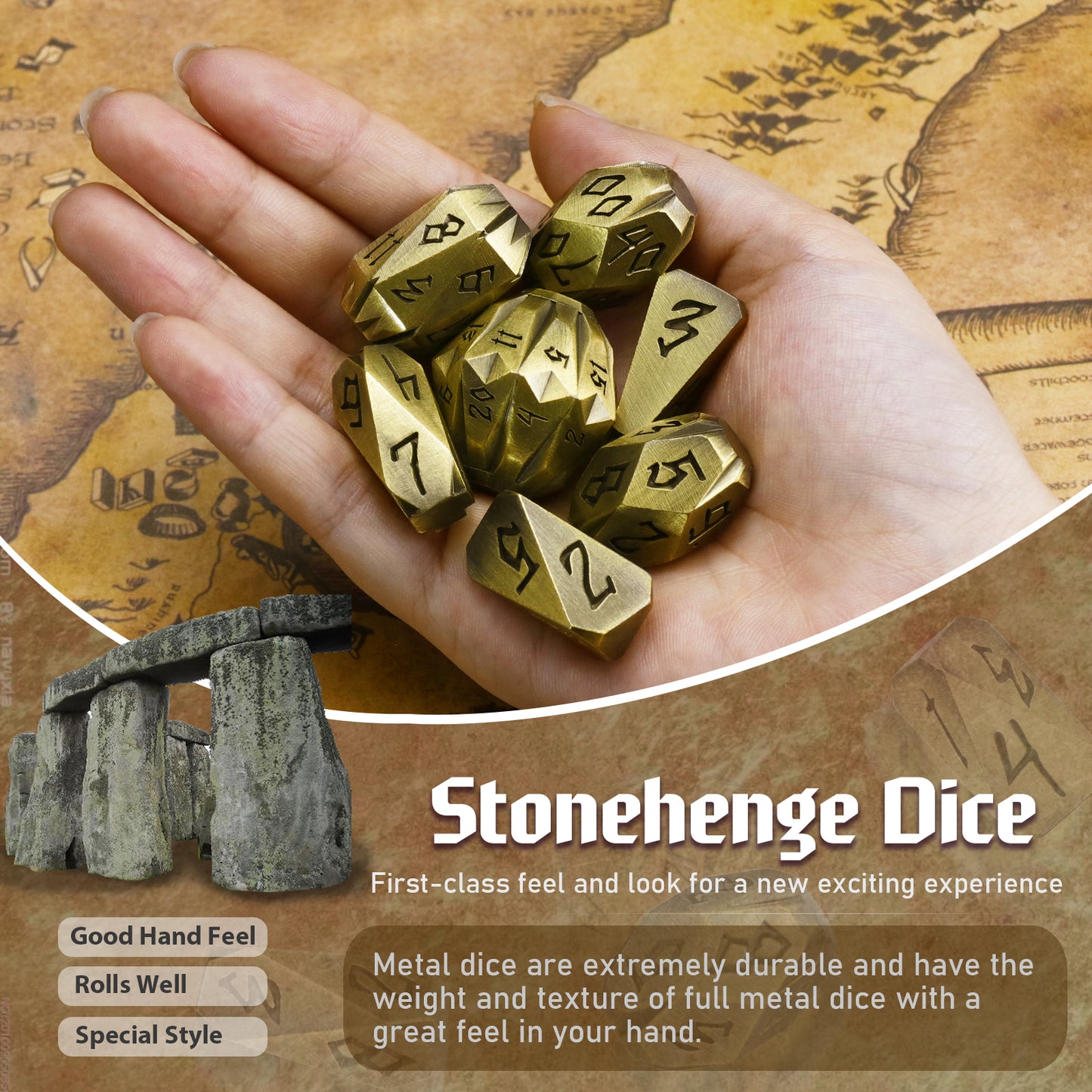 Dice DND Metal Polyhedral Dice Set Stonehenge Theme RPG Dice-Bronze