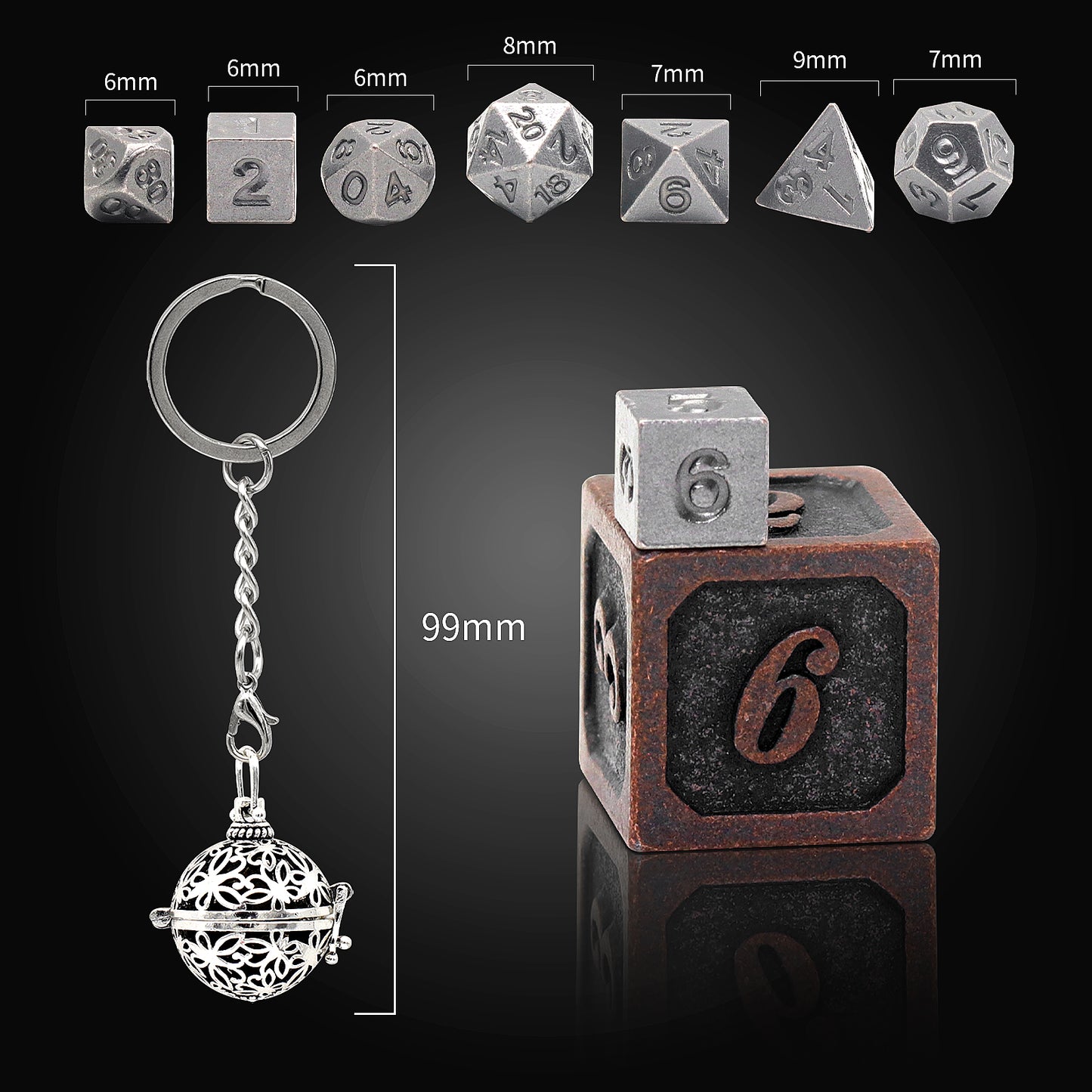 Mini Dice Set Tiny Small Metal DND Dice Keychain Necklace Portable Micro D&D Dice Set for Dungeons and Dragon Accessories Gifts (Glod Water Drop-Silver Dice)