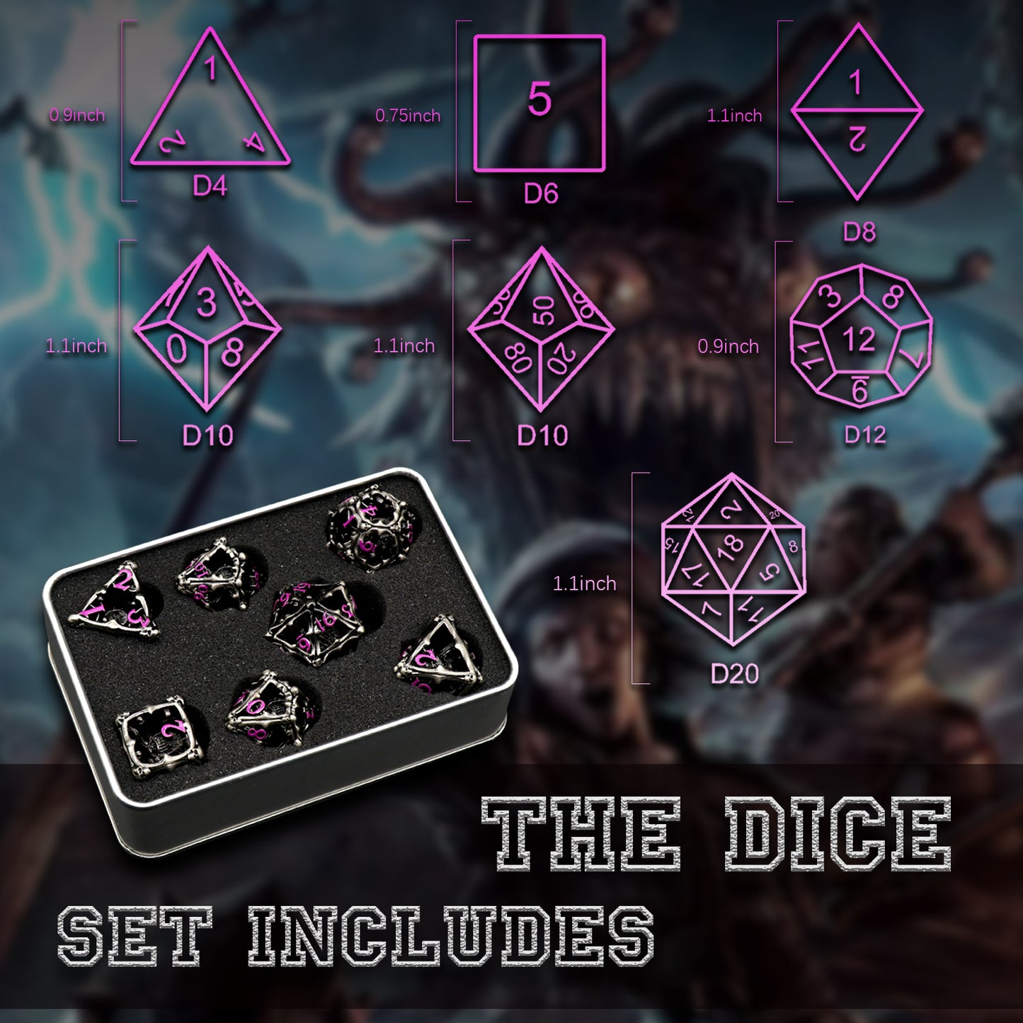 3D Eye Monster DND Metal Dice,7PC/Set Dice for Dungeons and Dragons Dices Polyhedral Dice - Purple Number