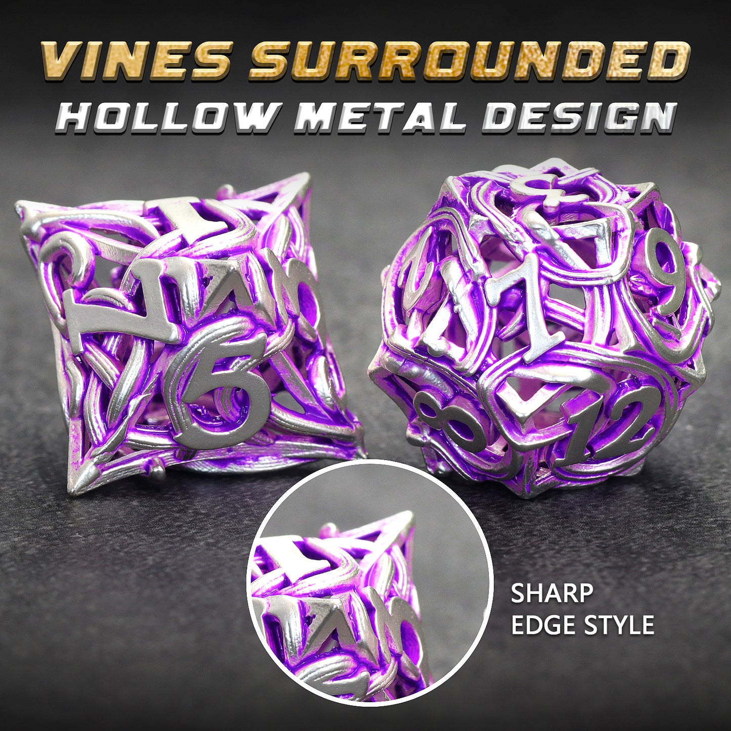 Metal DND Dice Set of 7 Hollow Polyhedral Metal Vine Dice Set - Purple