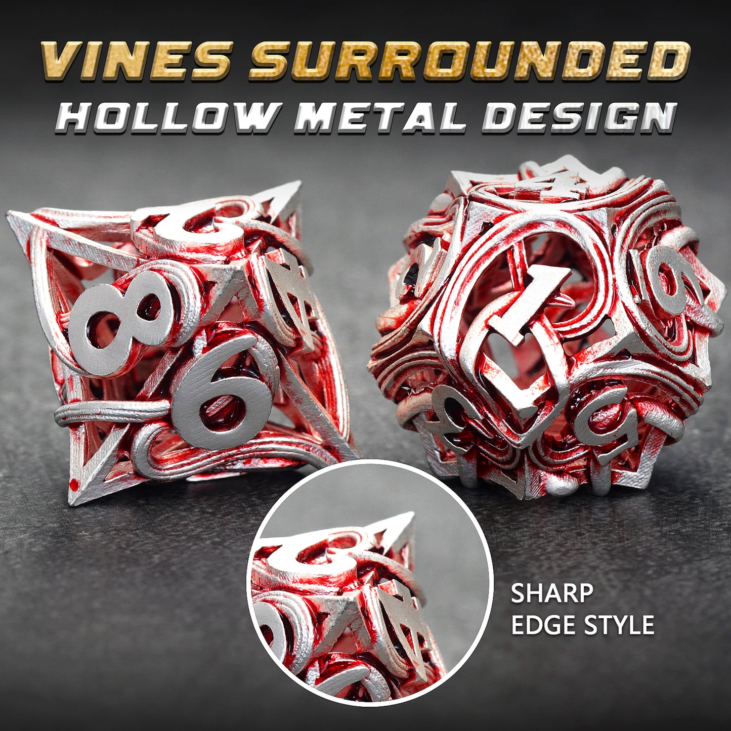 Metal DND Dice Set of 7 Hollow Polyhedral Metal Vine Dice Set - Red