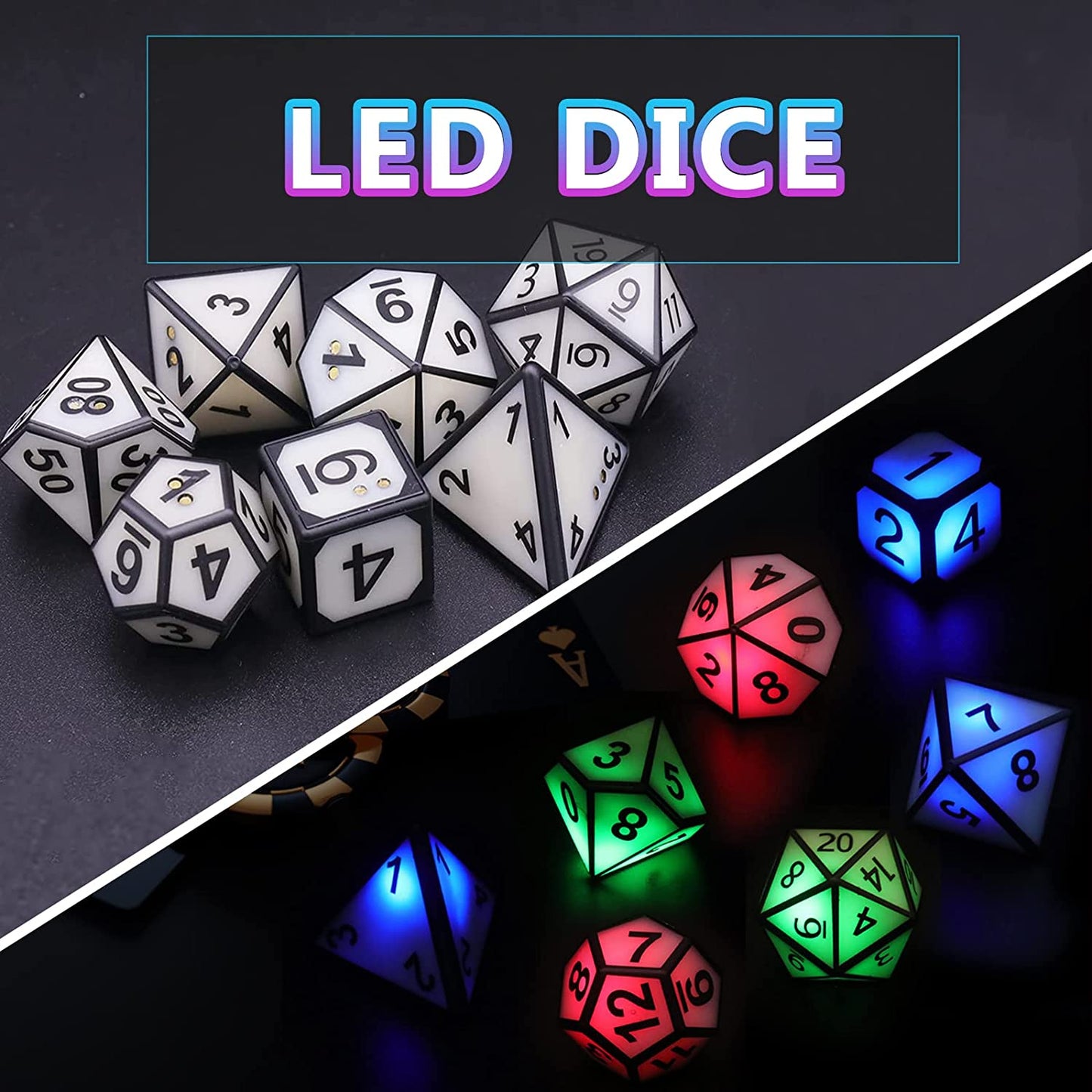 DND Dice Glowing Dice with Charging Box, 7 PCS LED Electronic Dices, Polyhedral Dice Sets - White