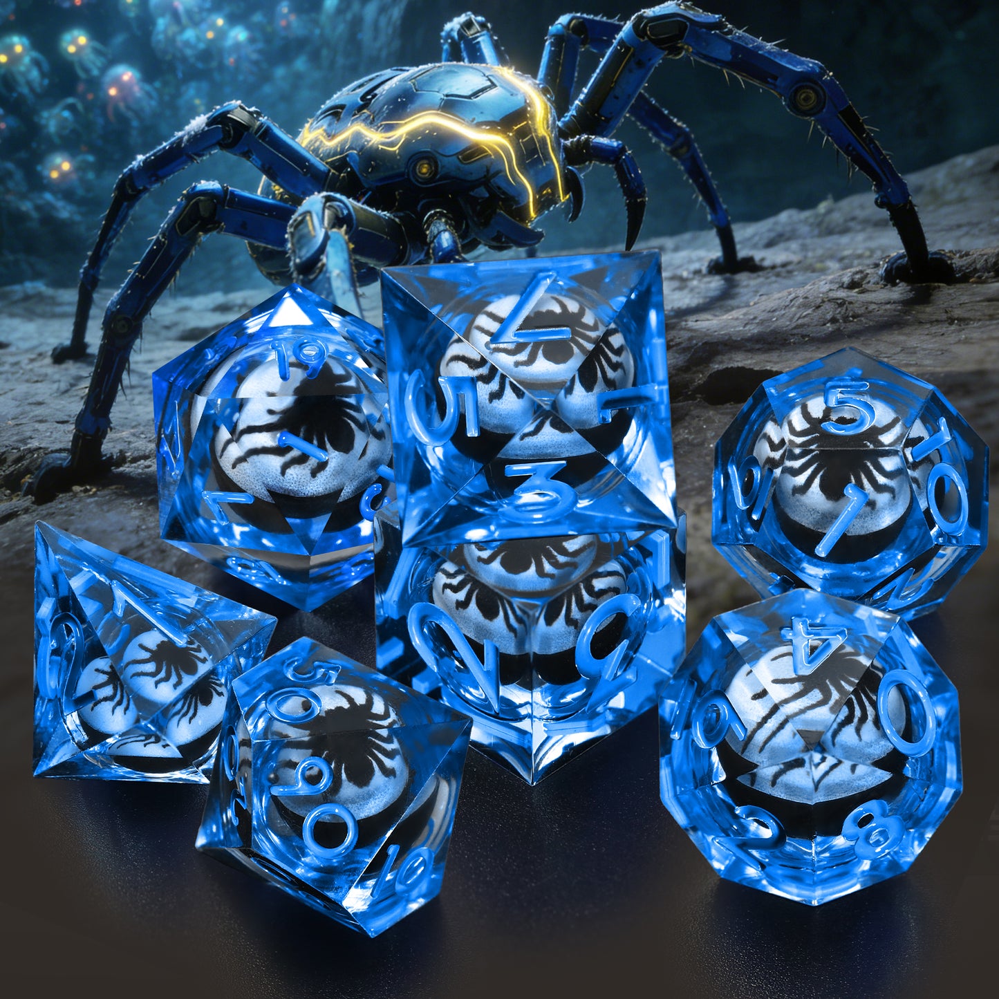 Spider Liquid Core DND Dice Set, 7PCS Sharp Edge Resin Dice - Blue