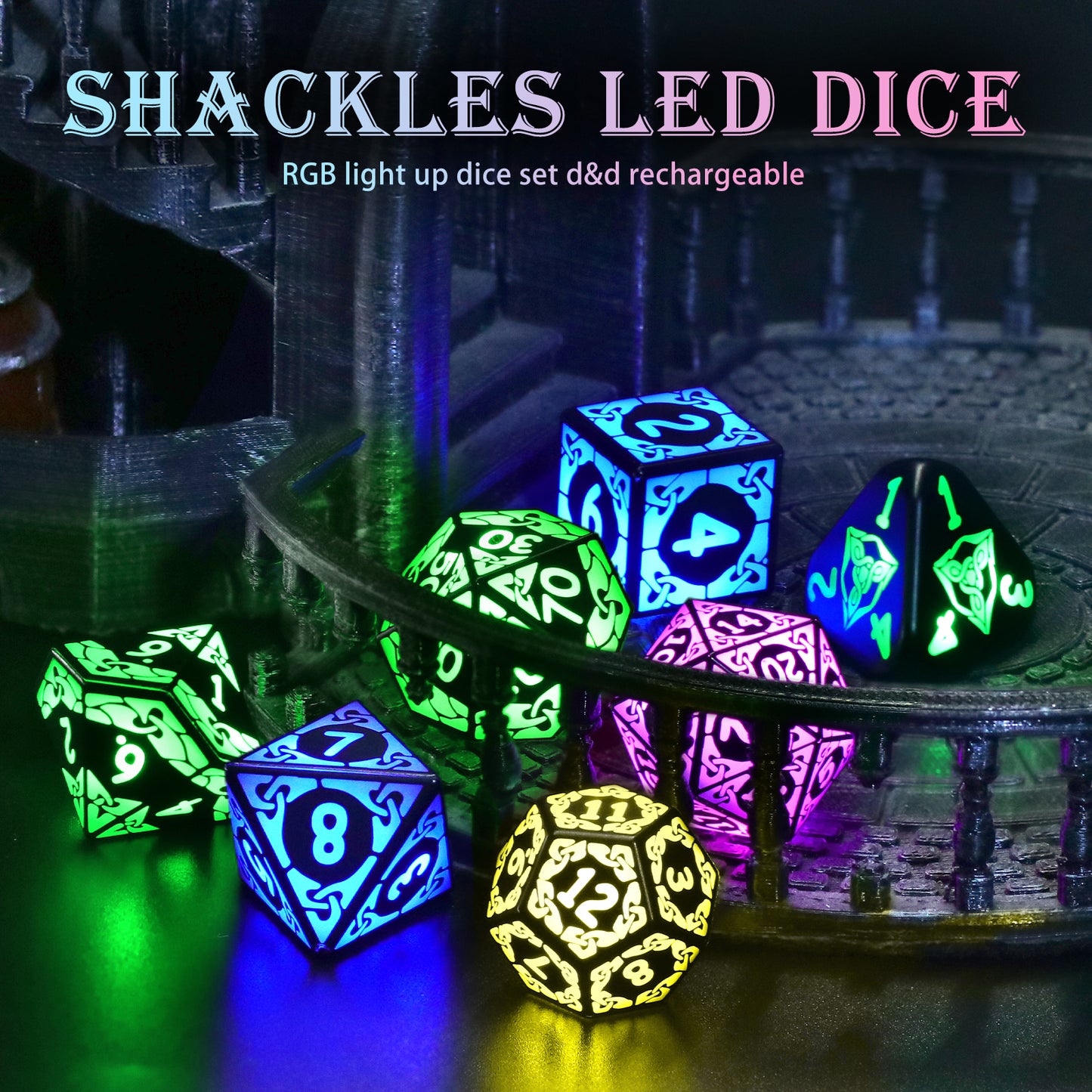 LED DND Dice Set Rechargeable, Cool Light up Dice Wireless Charging for Dungeons n Dragons, Polyhedral Role Playing Dice DnD Gifts(RGB-Shackles)