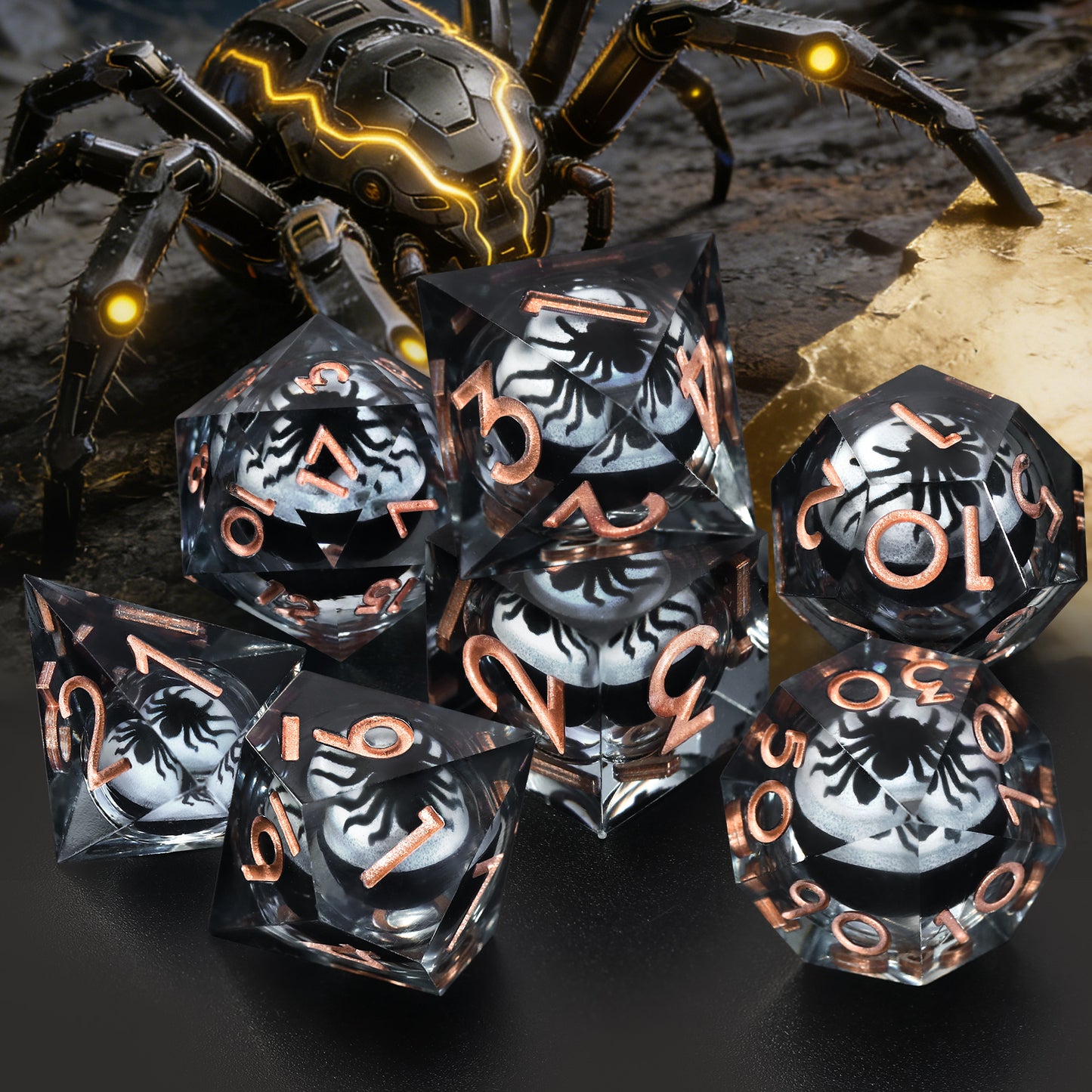 Spider Liquid Core DND Dice Set, 7PCS Sharp Edge Resin Dice -Copper