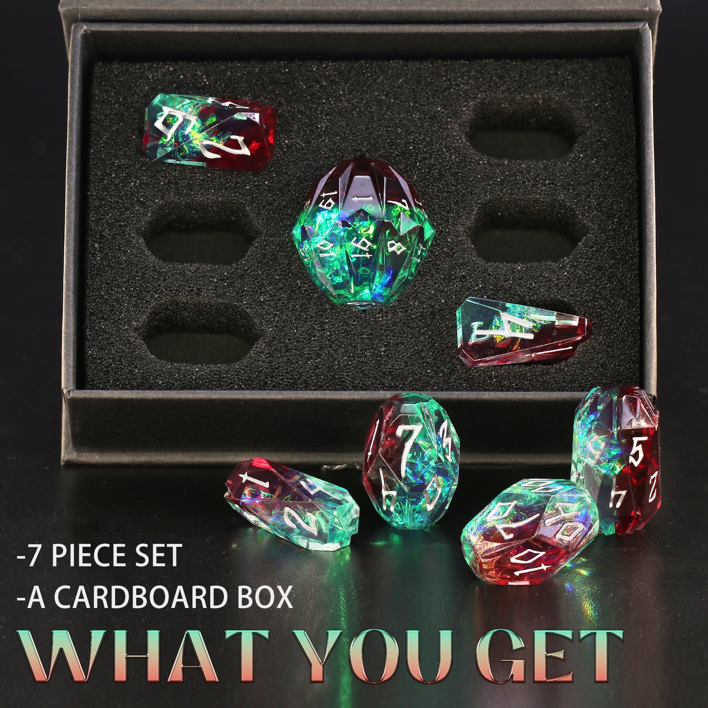 Unique DND Polyhedral Resin Dice Set Stonehenge Theme RPG Dice - Green and Silver