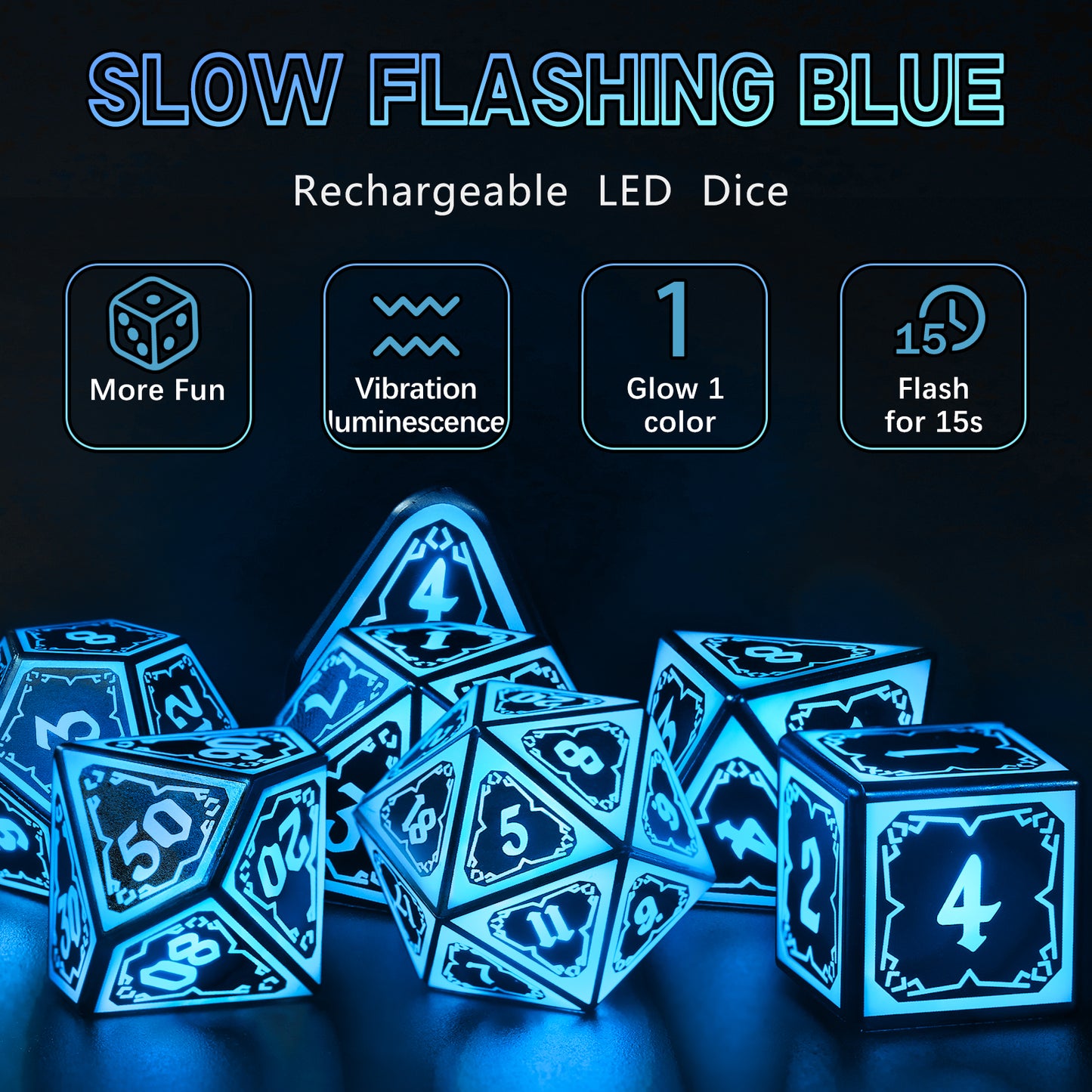 Light up DND Dice Set Rechargeable,Cool LED D and D Dice 7pcs with Charging Box Polyhedral Dungeons and Dragons RPG Dice Set for Role Playing Table Game (Astral Shard Blue)