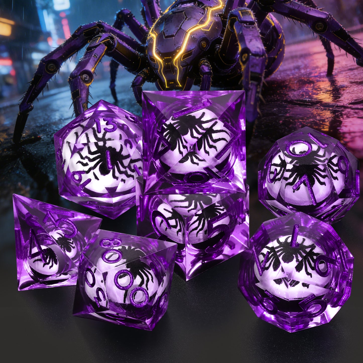 Spider Liquid Core DND Dice Set, 7PCS Sharp Edge Resin Dice - Purple