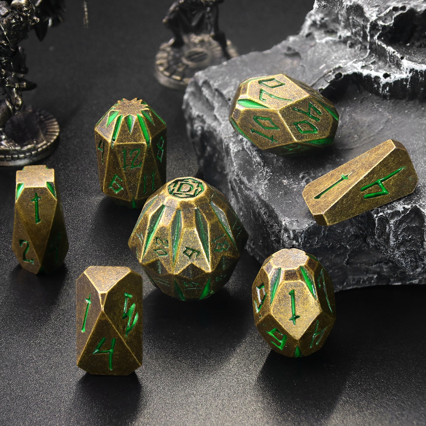 Metal Dice DND Polyhedral Dice Set Stonehenge Theme RPG Dice-Bronze Green