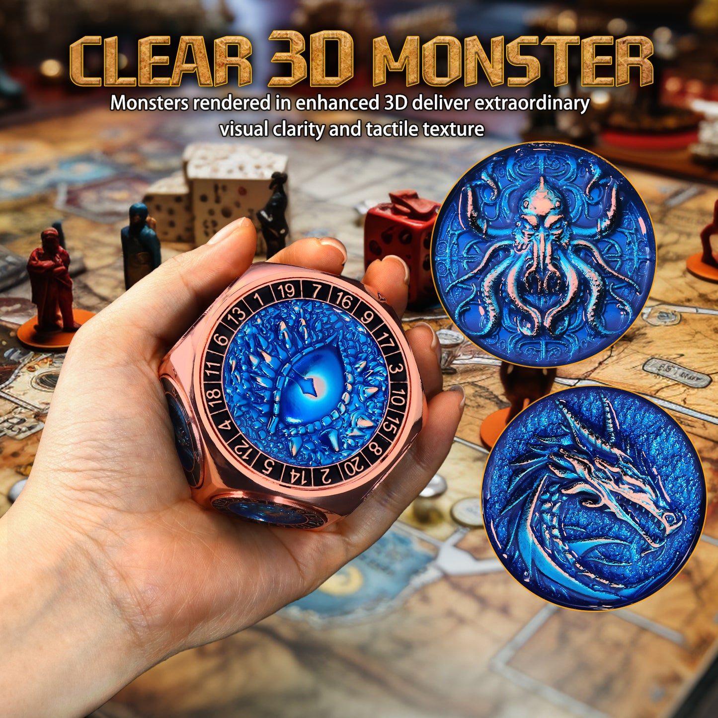 ZHOORQI 8-in-1 Metal DND Dice Set with 3D Monster Engravings(Copper Blue)