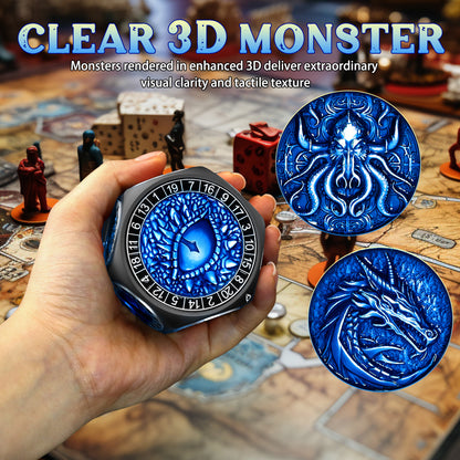 Metal Spinner Dice with Range D4-D20 (Black Dice- Blue)