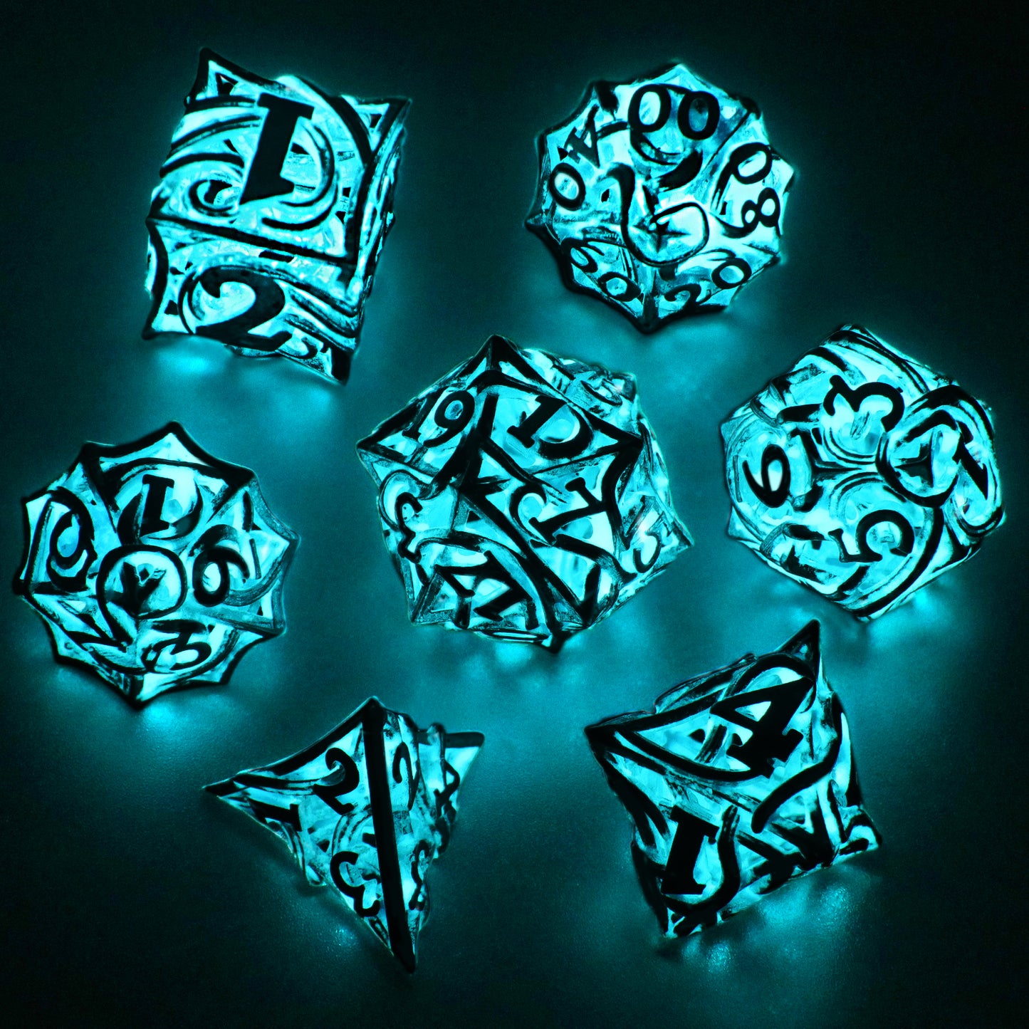 Glow in The Dark DND Dice  of 7 Polyhedral Dice Set Hollow Metal Vine D&D Dice D and D RPG Dice