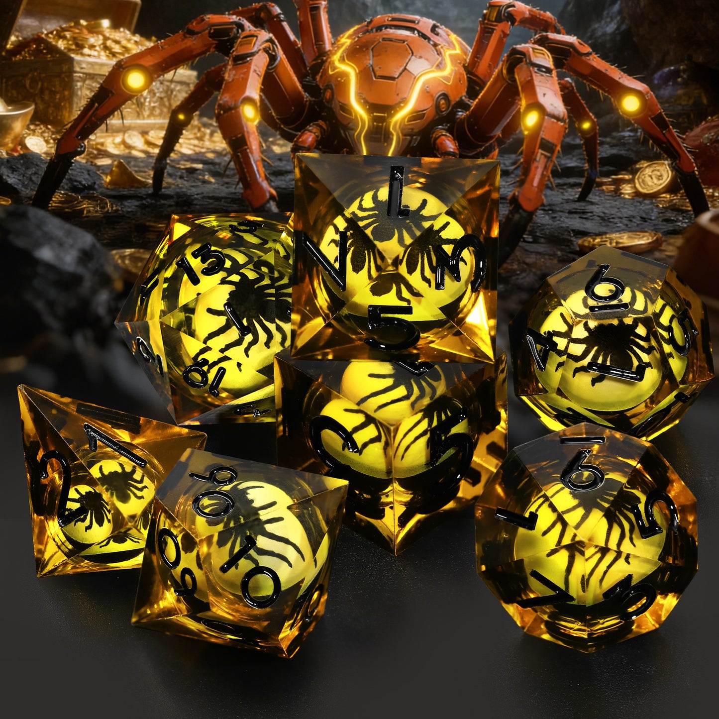 Spider Liquid Core DND Dice Set, 7PCS Sharp Edge Resin Dice -Yellow