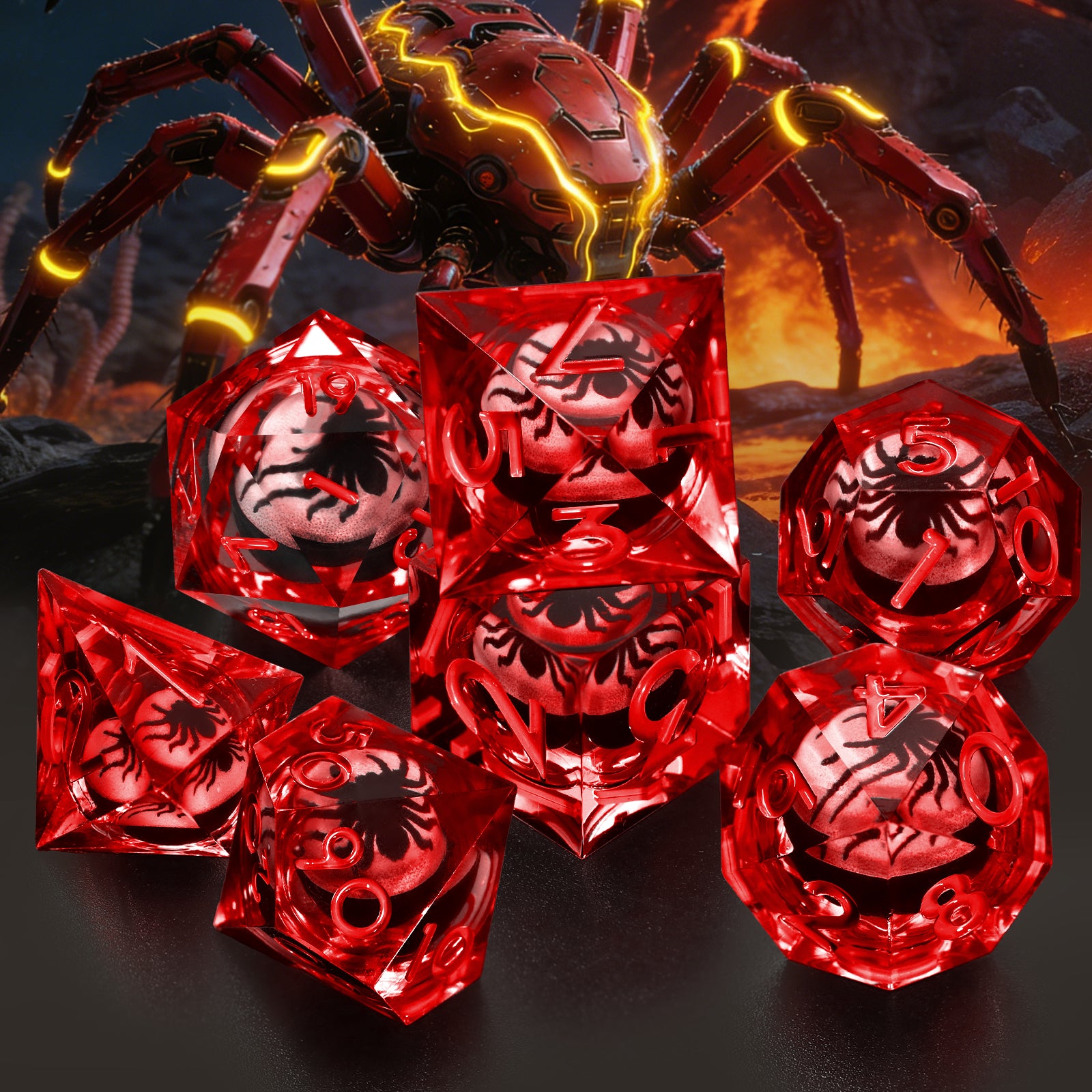 7Pcs Liquid Core Resin Spider Dice Set for DND RPG Dice Games(Red