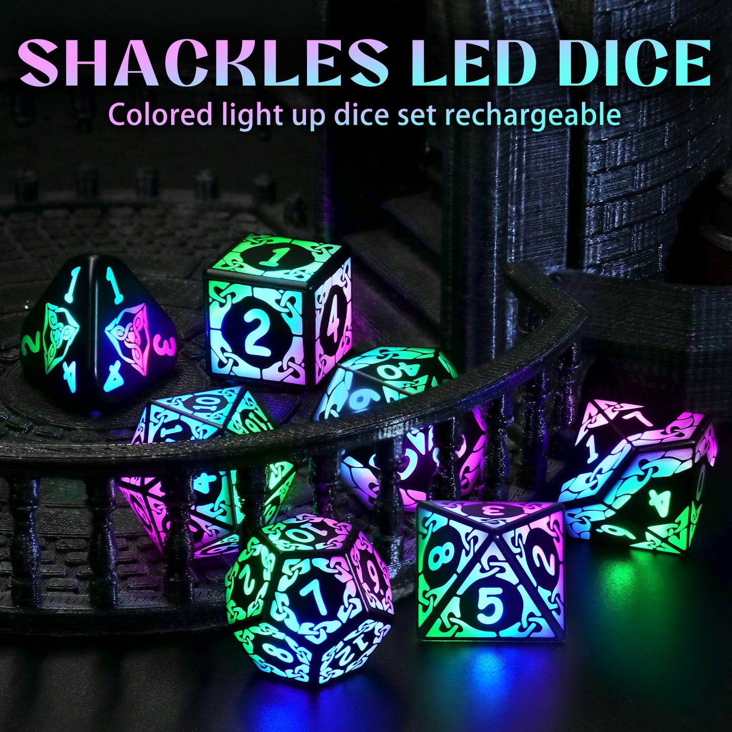 LED Dice Set DND, Cool Light up Dice Set with Charging Box -Colorful-Shackles