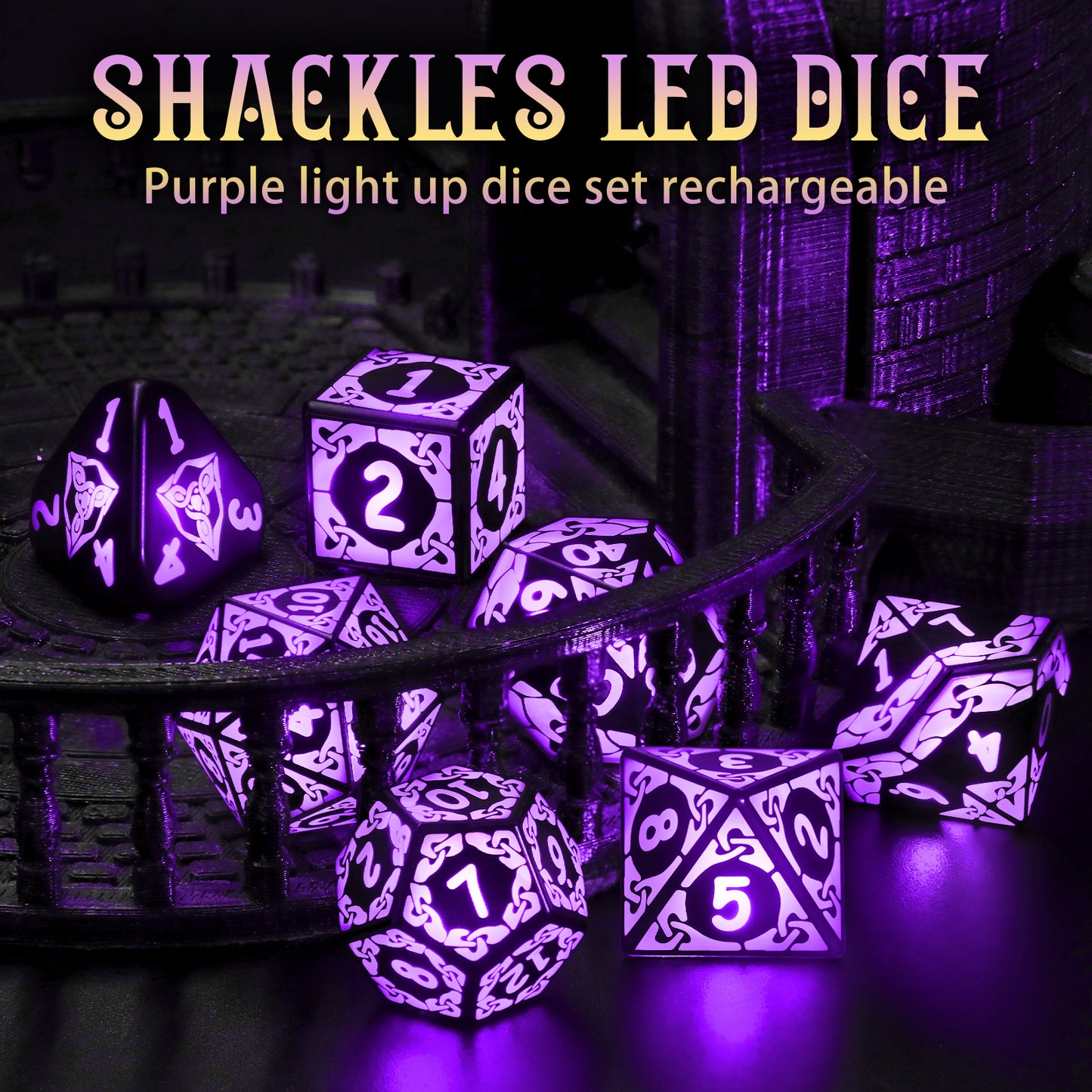 LED Dice Set DND, Cool Light up Dice Set Rechargeable-Purple-Shackles
