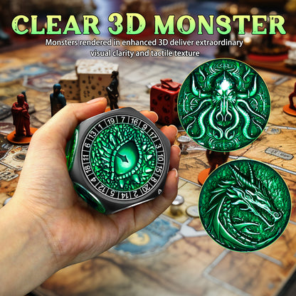 DND Metal Spinner Dice with 3D Monster Engravings & Smooth Spinning(Black Dice- Green)