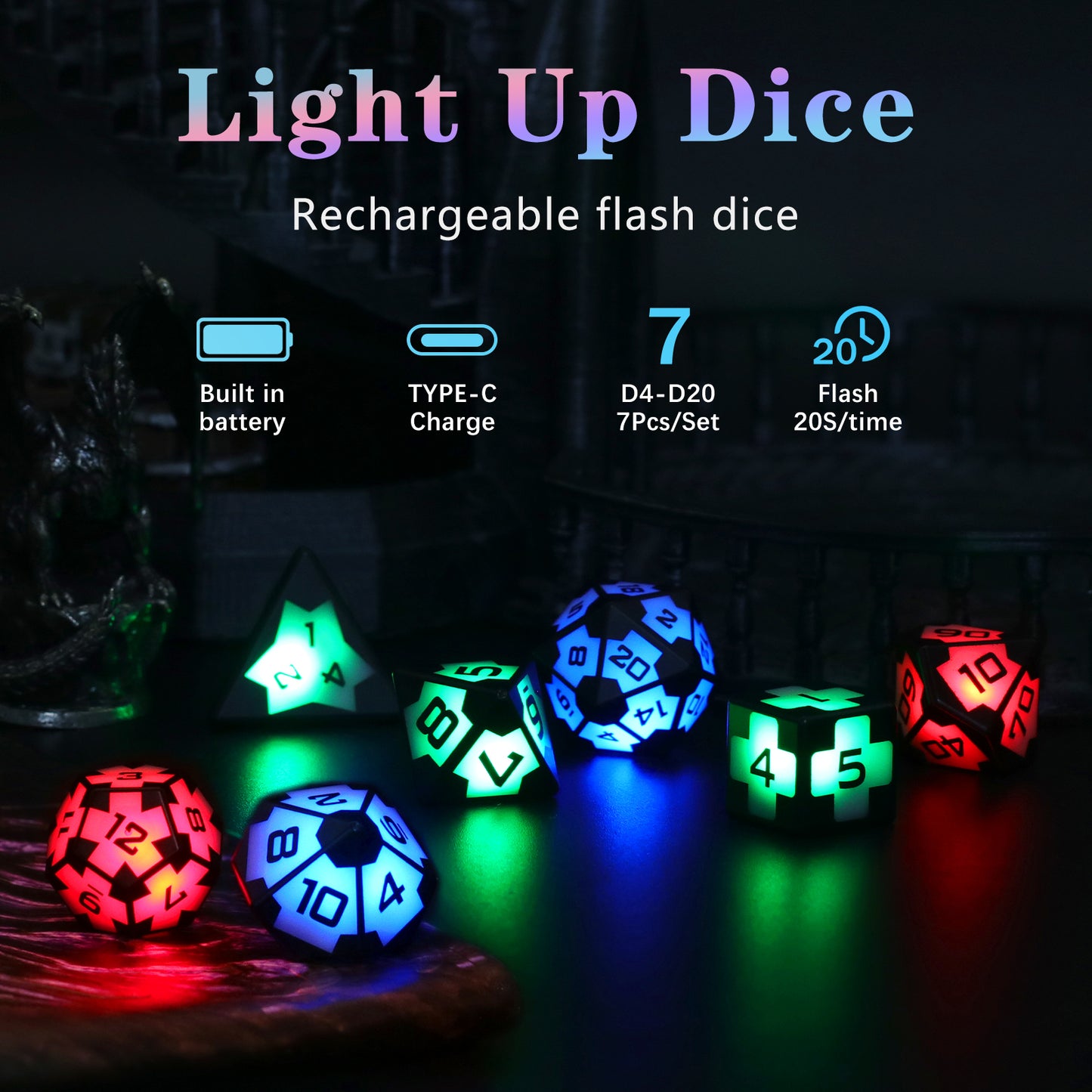 DND Dice Rechargeable with Charging Box, Shake to Light Up Colorful Dice, ZHOORQI Dungeons & Dragons Dice USB Charging, Role Playing Dice for D&D Table Games (Soccer-3 Color)