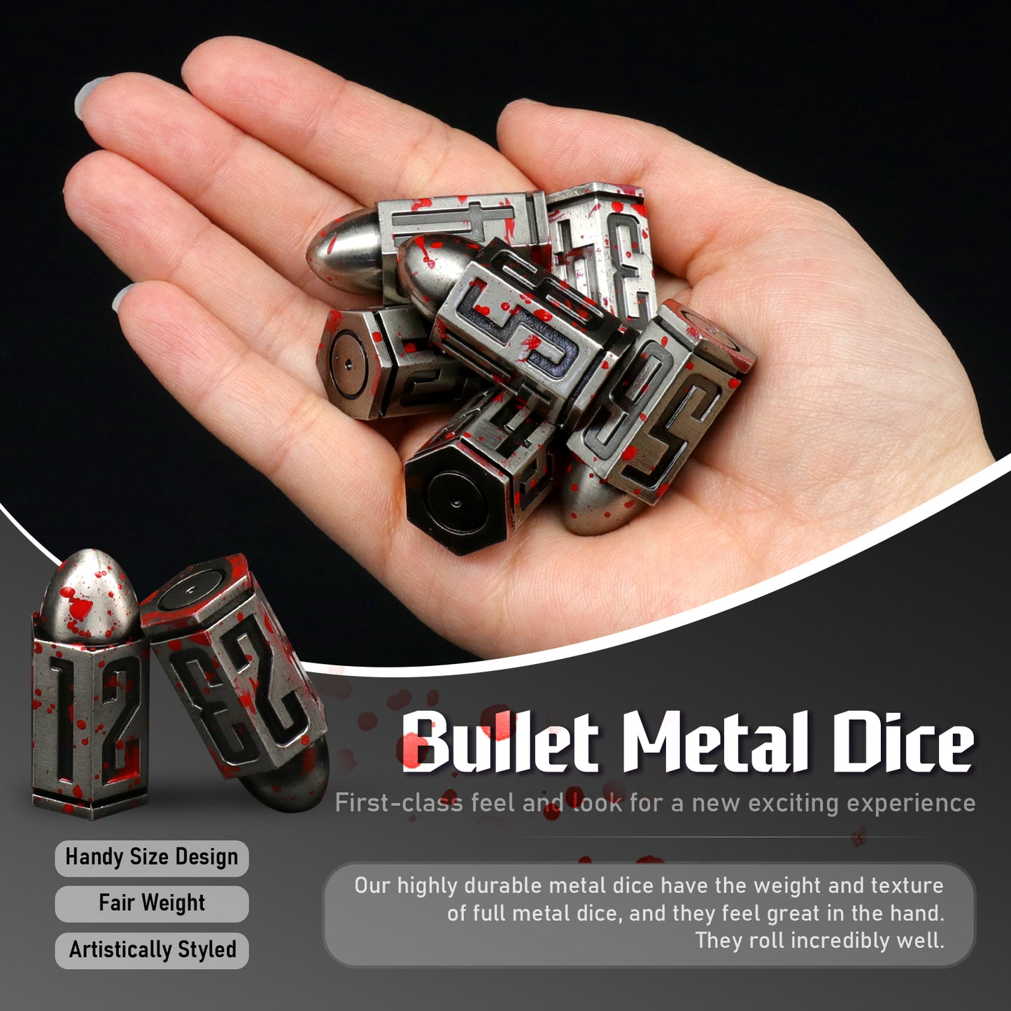 D6 Bullet Metal Dice Set, 6 Sided Dice 6 Pieces Dice for Accessories Gifts - Blood Bright Silver