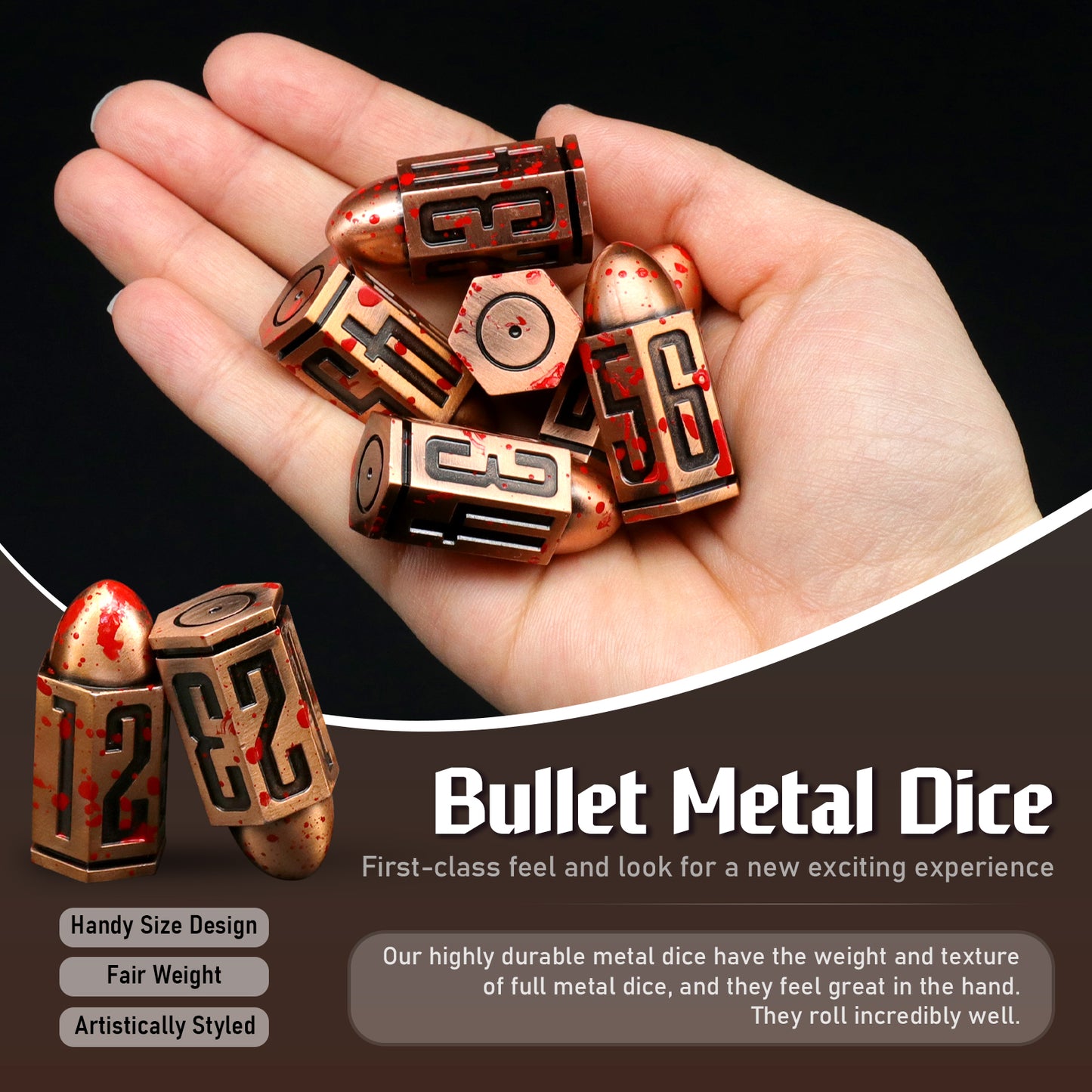 6 Pcs Bullet Metal Dice Set D6 Dice 6 Sided Dice - Copper Red