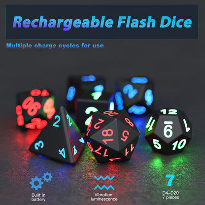 DND Dice Glowing Dice with Charging Box, 7 PCS LED Electronic Dices, Polyhedral Dice Sets - Black