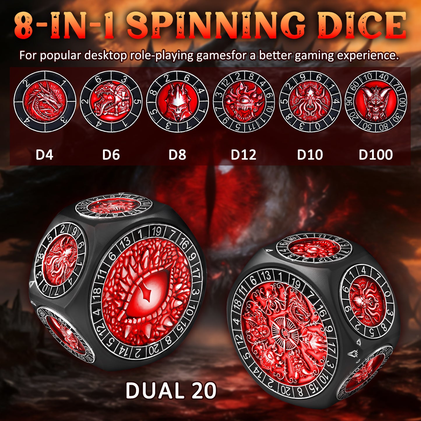 8-in-1 Metal Spinner Dice Perfect Gifts for Dice Goblin (Black Dice-Red)
