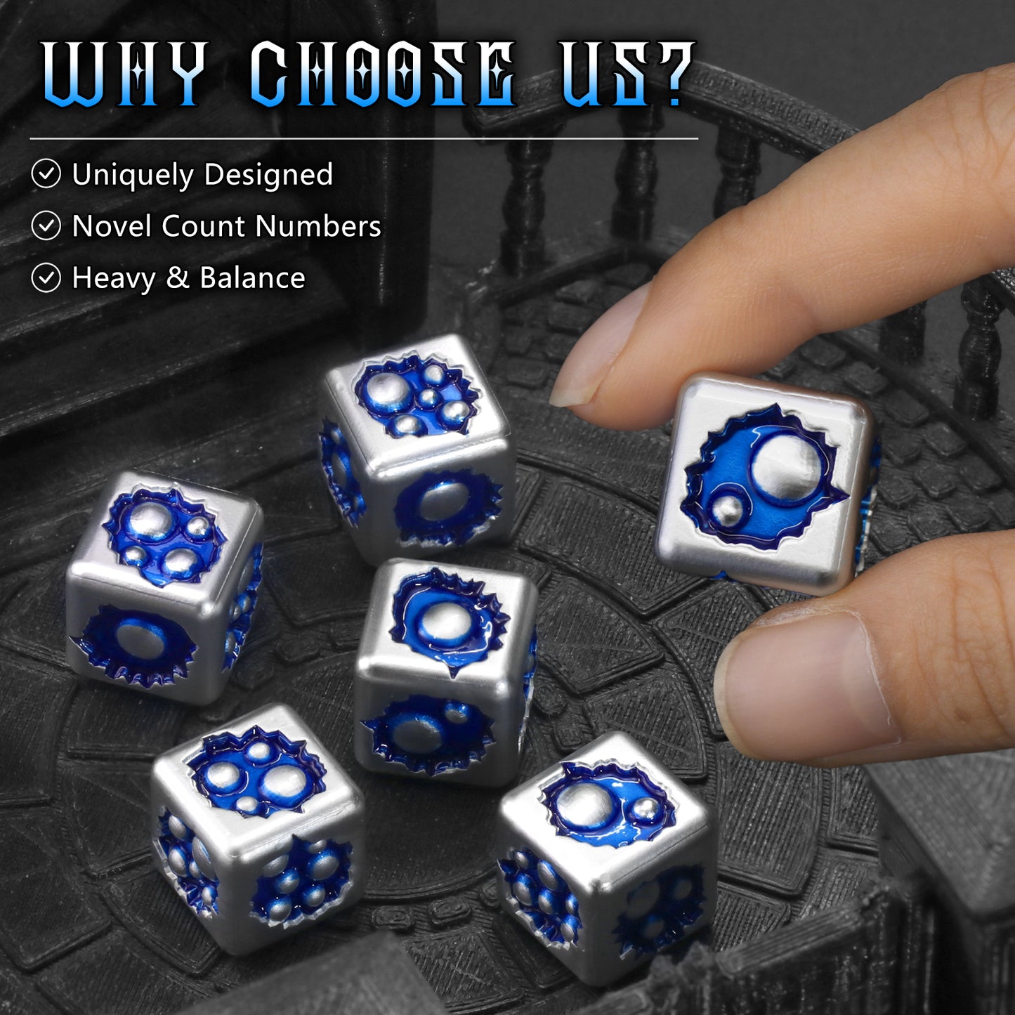 Metal D6 Dice, 6 Sided Dice Set of 6,DND Metal Dice Set for D and D Gifts-White Blue