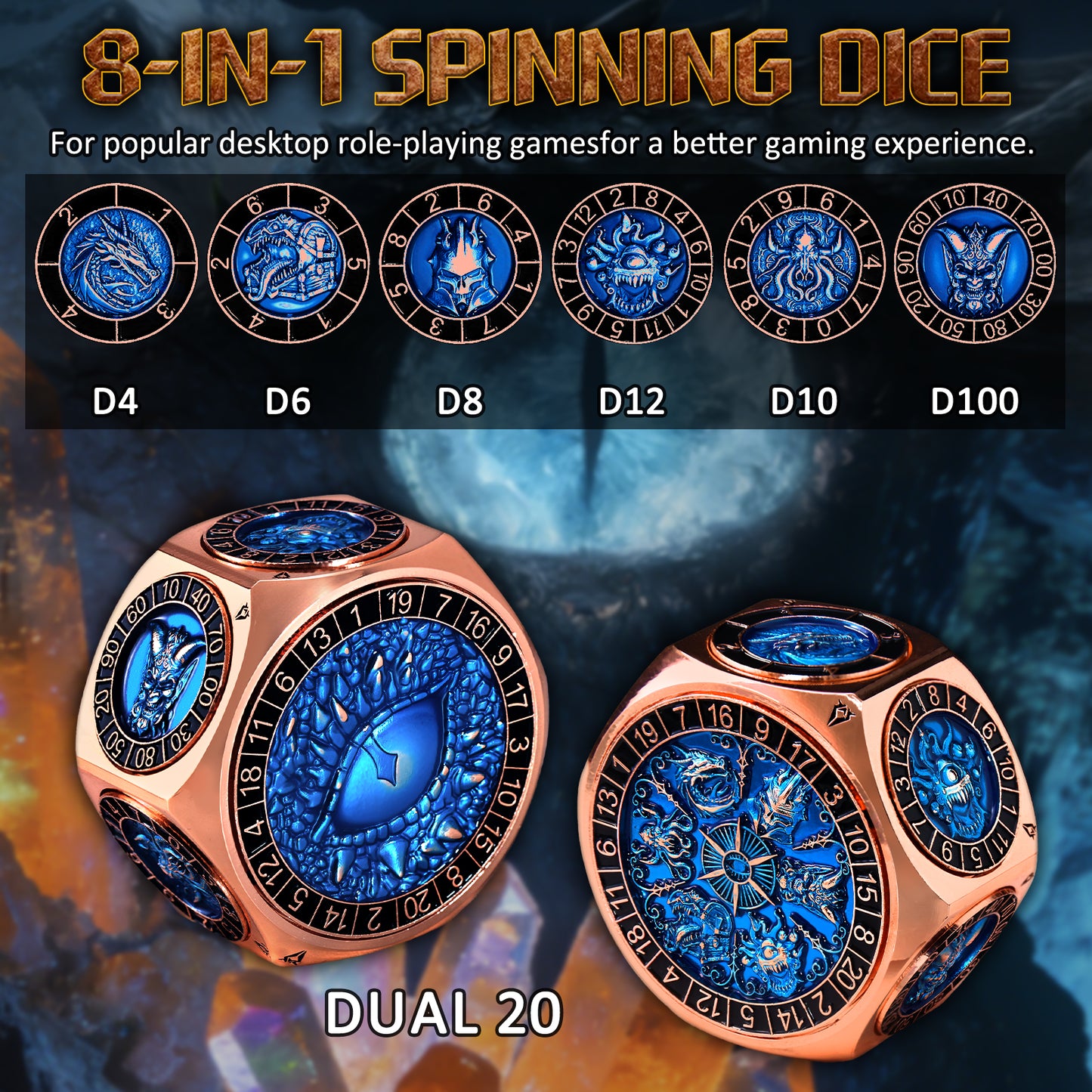 ZHOORQI 8-in-1 Metal DND Dice Set with 3D Monster Engravings(Copper Blue)