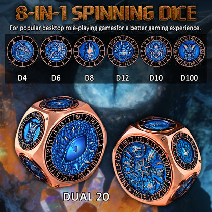 ZHOORQI 8-in-1 Metal DND Dice Set with 3D Monster Engravings(Copper Blue)
