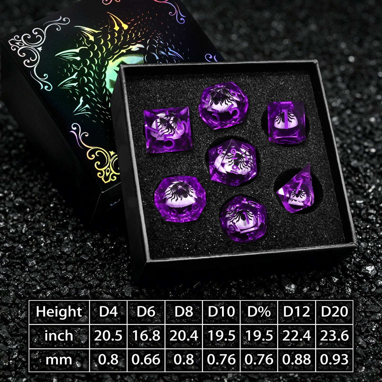 Spider Liquid Core DND Dice Set, 7PCS Sharp Edge Resin Dice - Purple