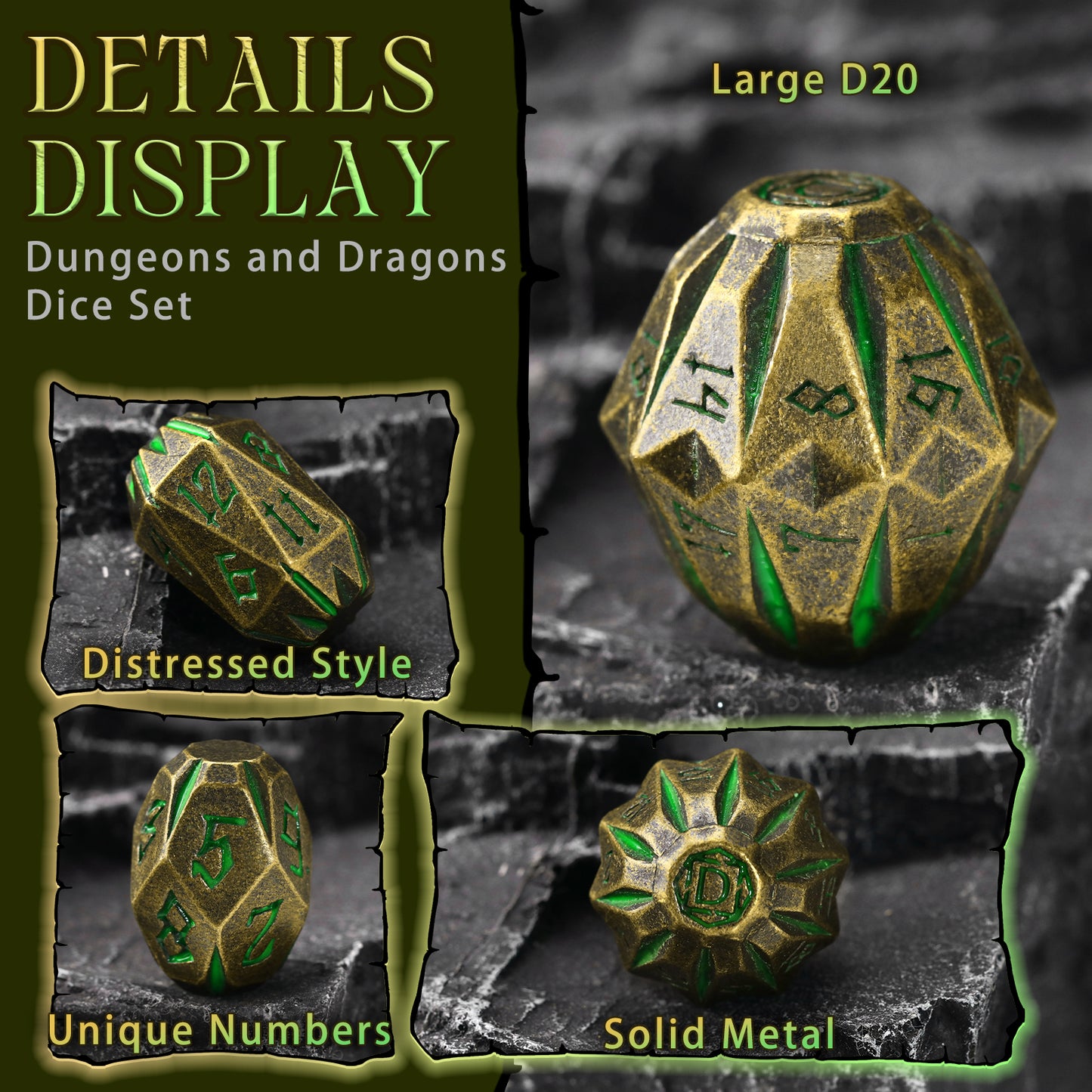 Metal Dice DND Polyhedral Dice Set Stonehenge Theme RPG Dice-Bronze Green