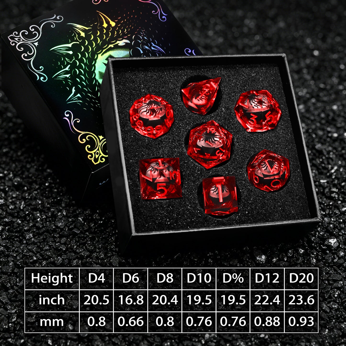 Spider Liquid Core DND Dice Set, 7PCS Sharp Edge Resin Dice -Red