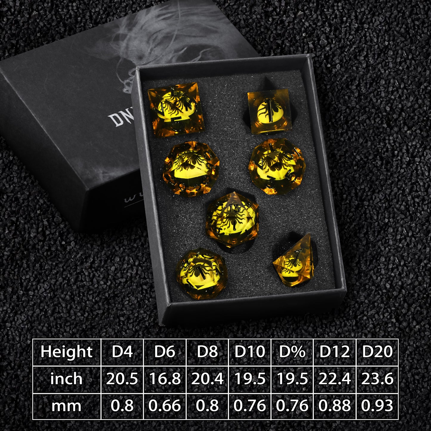 Spider Liquid Core DND Dice Set, 7PCS Sharp Edge Resin Dice -Yellow