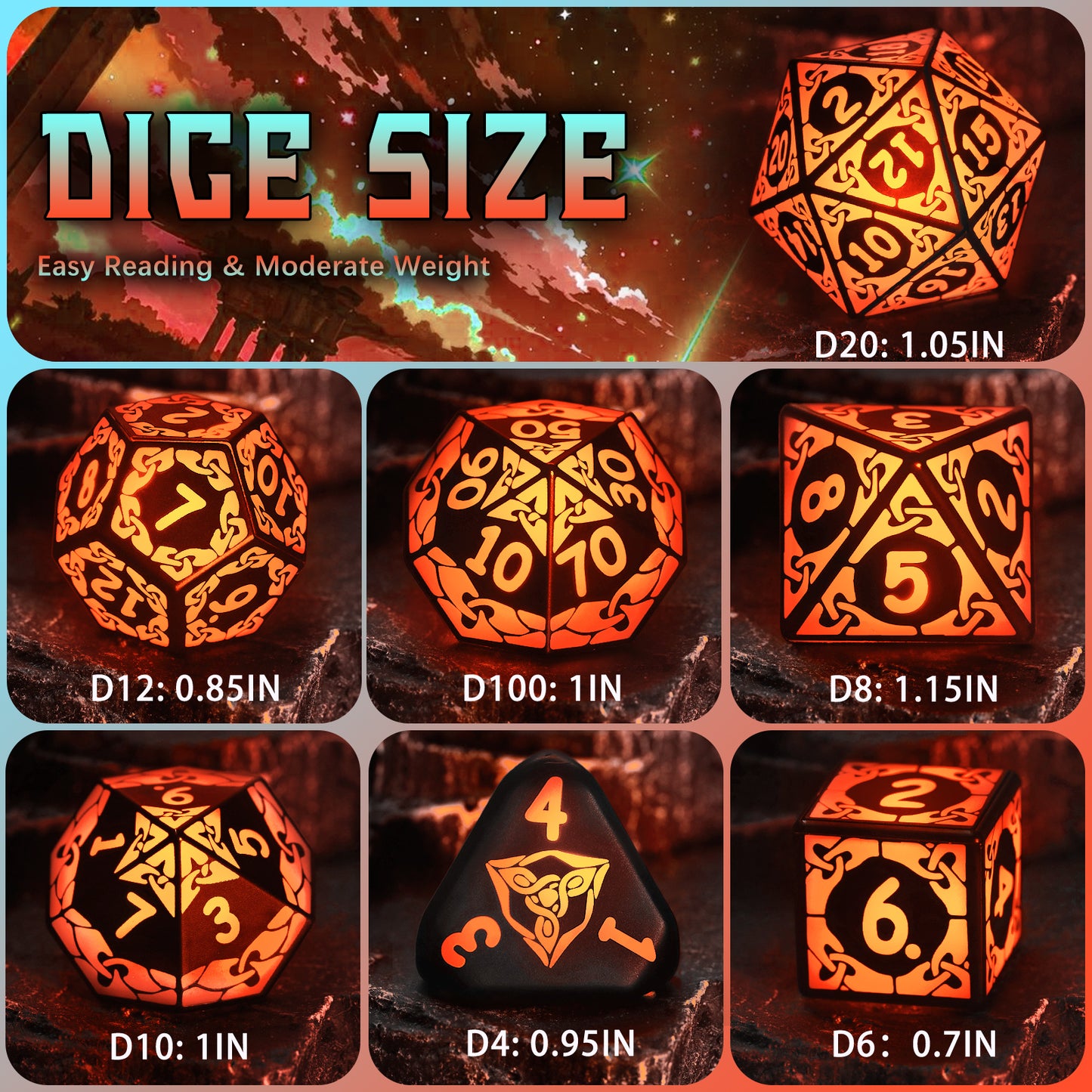 LED Dice Set DND, Cool Light up Dice Set Rechargeable-Orange-Shackles