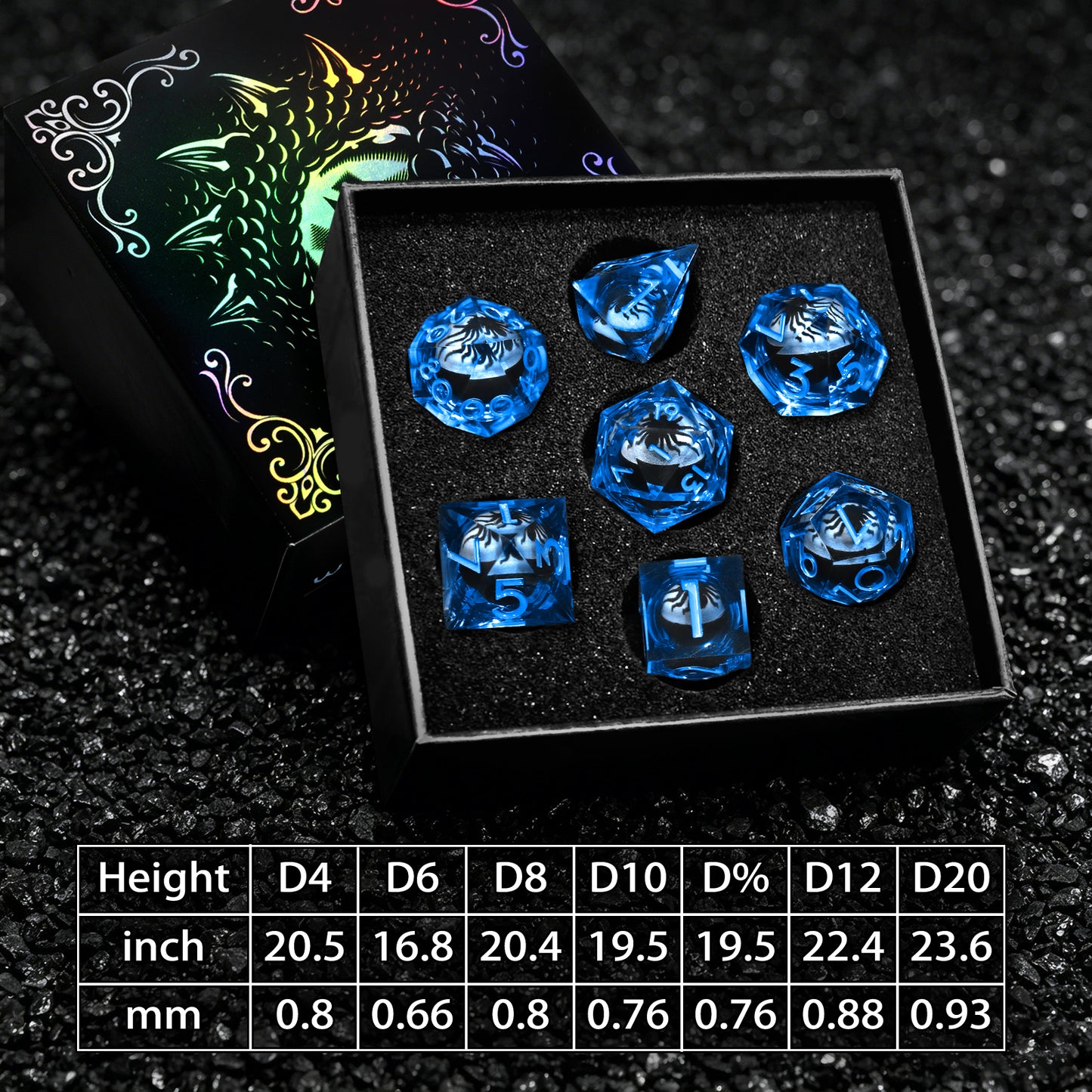 Spider Liquid Core DND Dice Set, 7PCS Sharp Edge Resin Dice - Blue