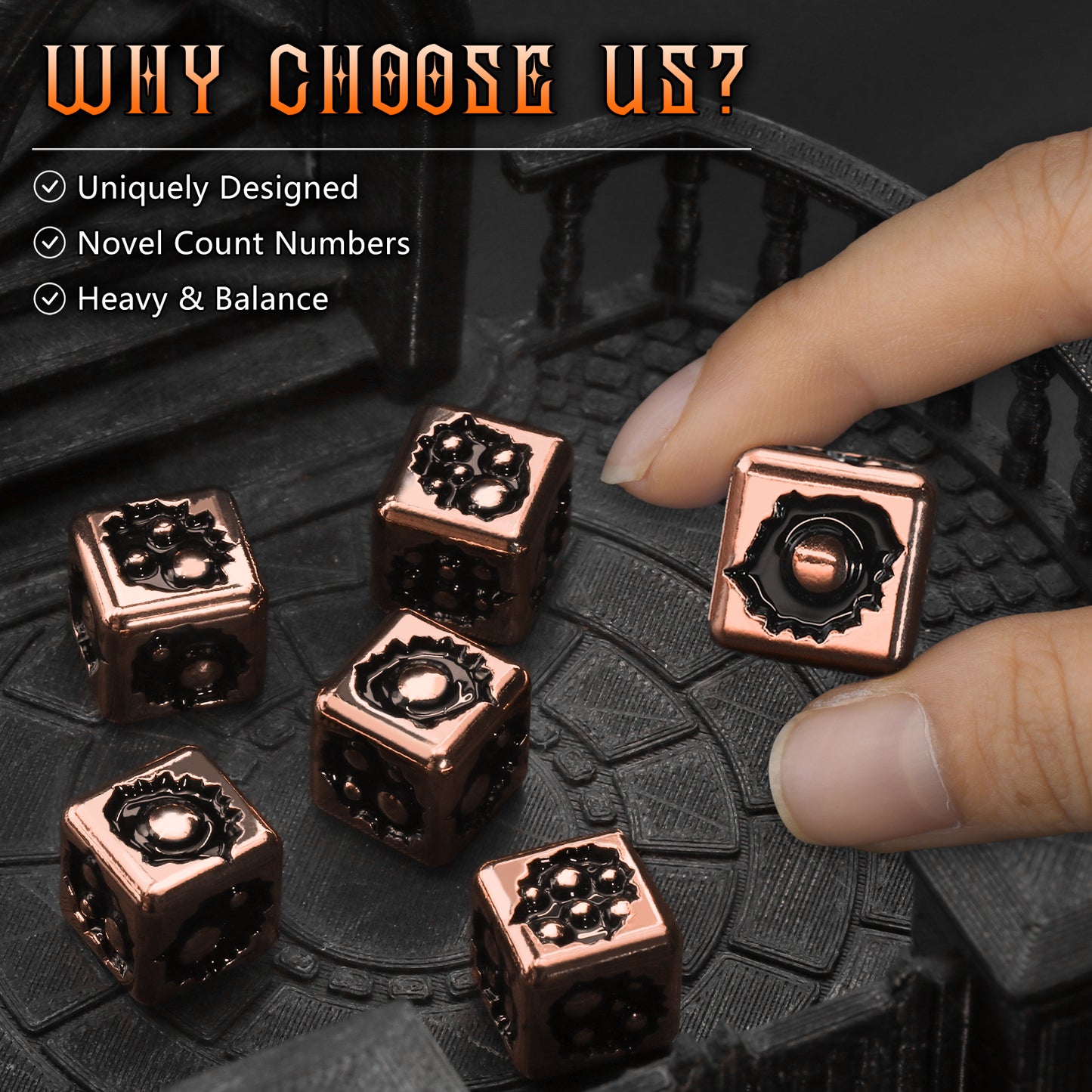 Metal D6 Dice, 6 Sided Dice Set of 6,DND Metal Dice Set for D and D Gifts-Copper Black