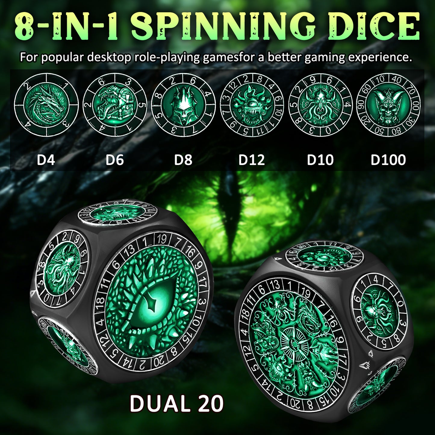 DND Metal Spinner Dice with 3D Monster Engravings & Smooth Spinning(Black Dice- Green)