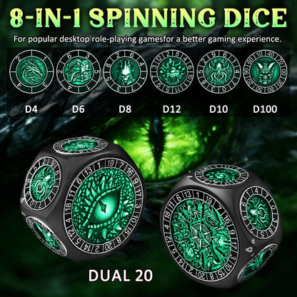 DND Metal Spinner Dice with 3D Monster Engravings & Smooth Spinning(Black Dice- Green)