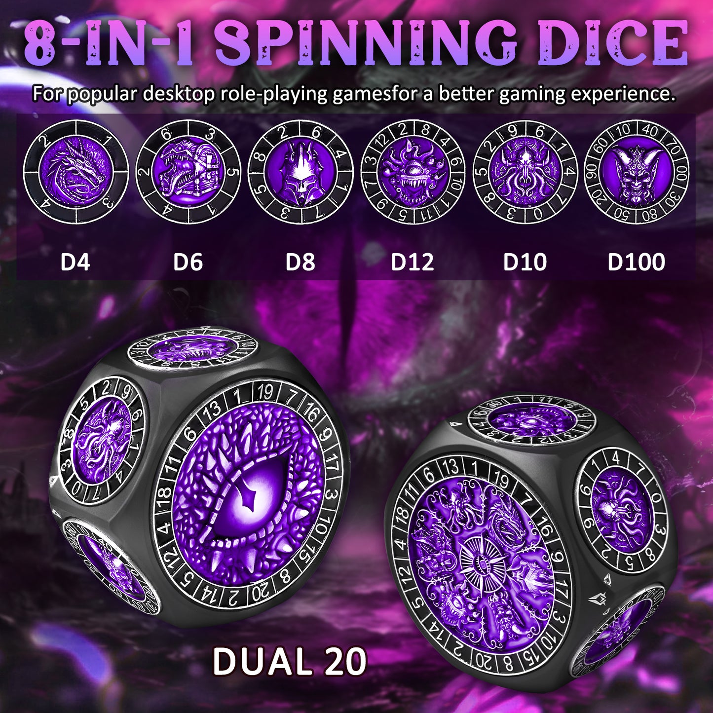 8 in 1 Metal Spinner Dice with Smooth Spinning – Perfect Gift for TTRPG(Black Dice - Purple)