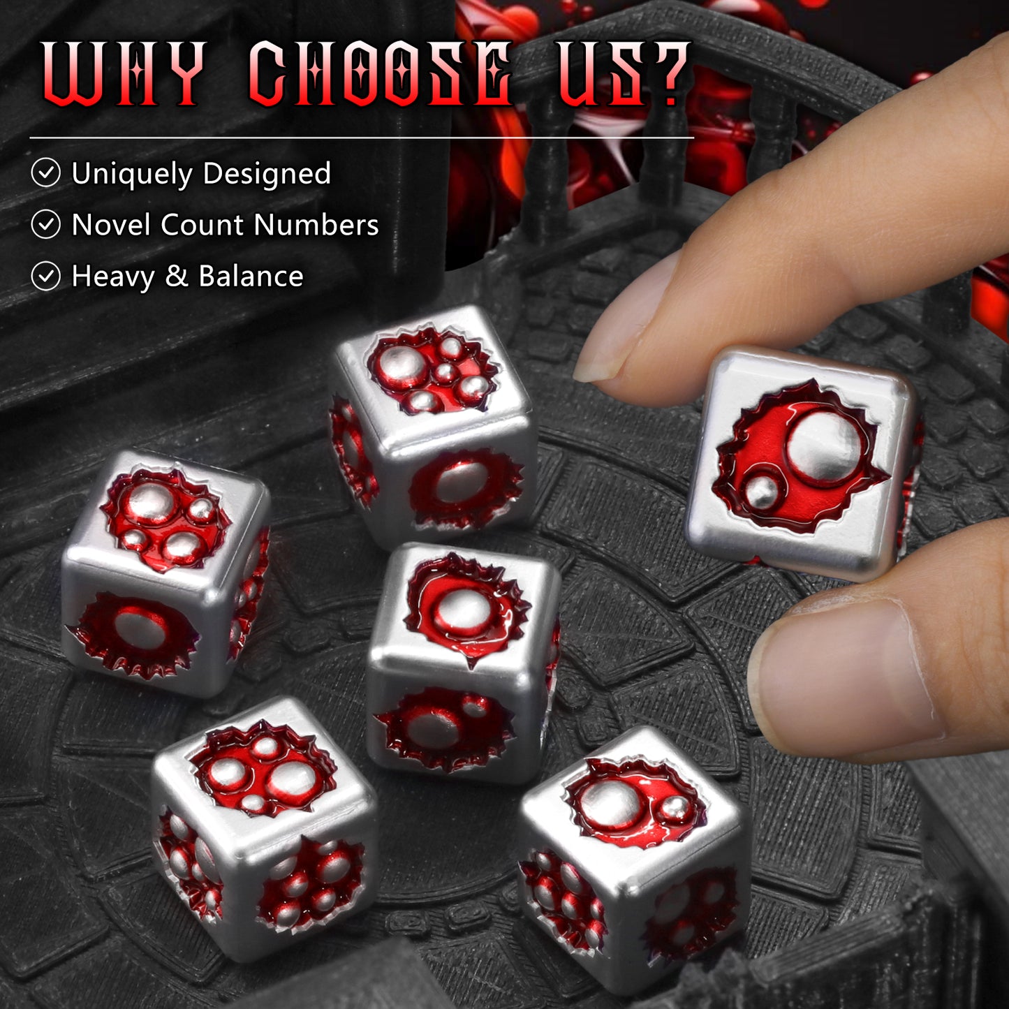 Metal D6 Dice, 6 Sided Dice Set of 6,DND Metal Dice Set for D and D Gifts-White Red